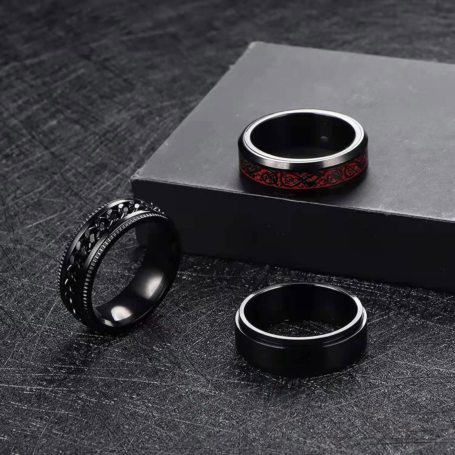 8 pcs Men Anillos de acero inoxidable Spinner, Anillos de Spinner Negro para Hombres Mujeres, Cool Anillos Ansiedad Cadena Hombres Anillos Set, 8mm de ancho