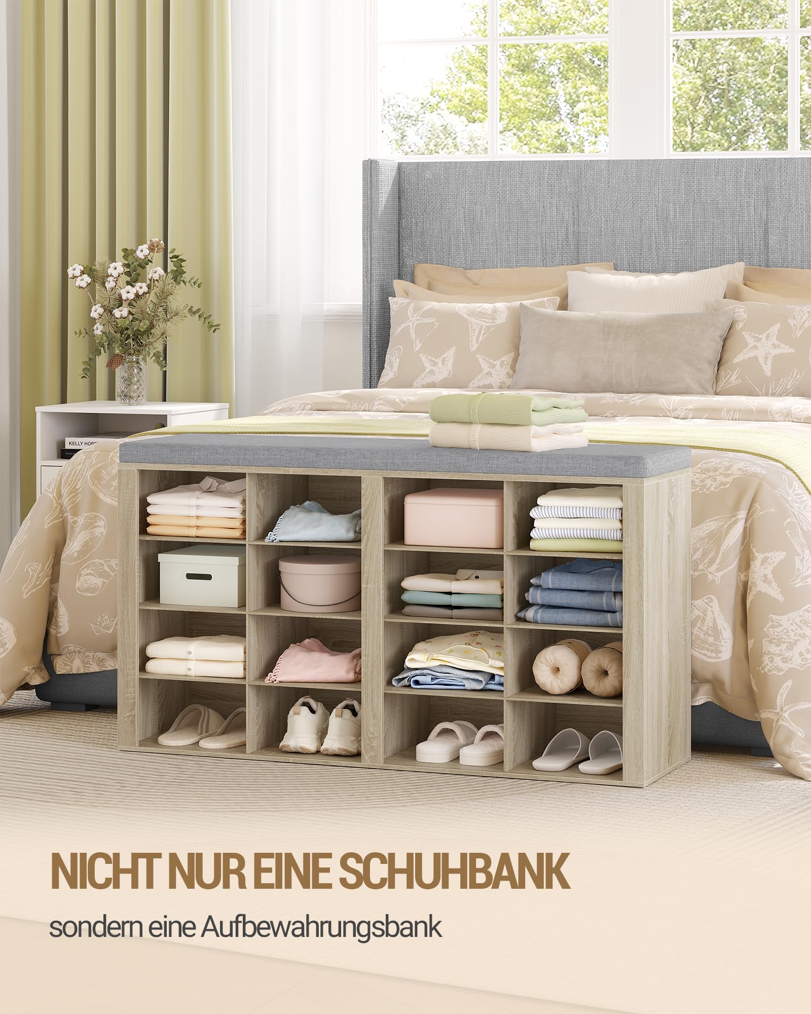 Hzuaneri Banc à Chaussures, 16 Compartiments, Chêne | Support à Chaussures avec Siège, Banc avec Rangement, Coussin, Pour Salon, Couloir, Chambre, SB25616GY