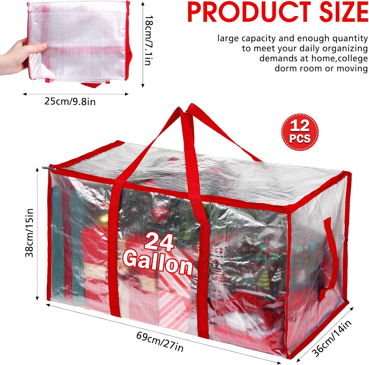 Aliceset 12-Pack Clear Moving Bags 90.84L Heavy Duty Extra Large Storage Totes with Reinforced Handles & Zippers, for Moving, College Dorm, Traveling(Red)