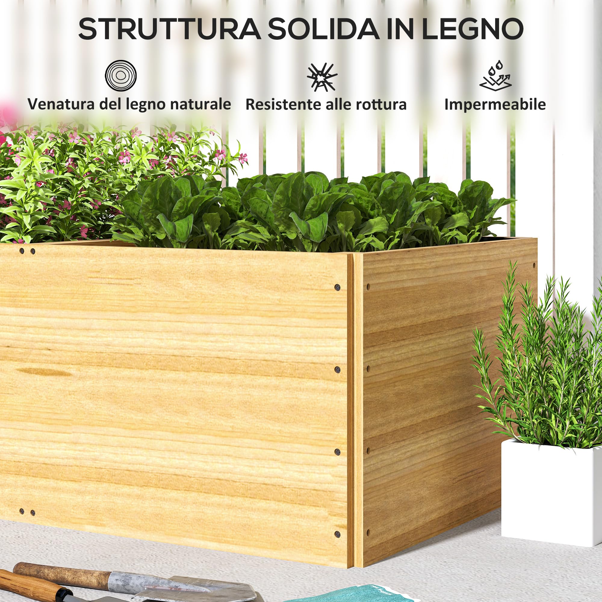 Outsunny Letto per Orto Rialzato da Esterno Divisa in 3 Aree con Strato in Tessuto non Tessuto, Fioriera da Balcone in Legno di Abete, per Piante, Fiori, 140x60x40 cm, Color Legno