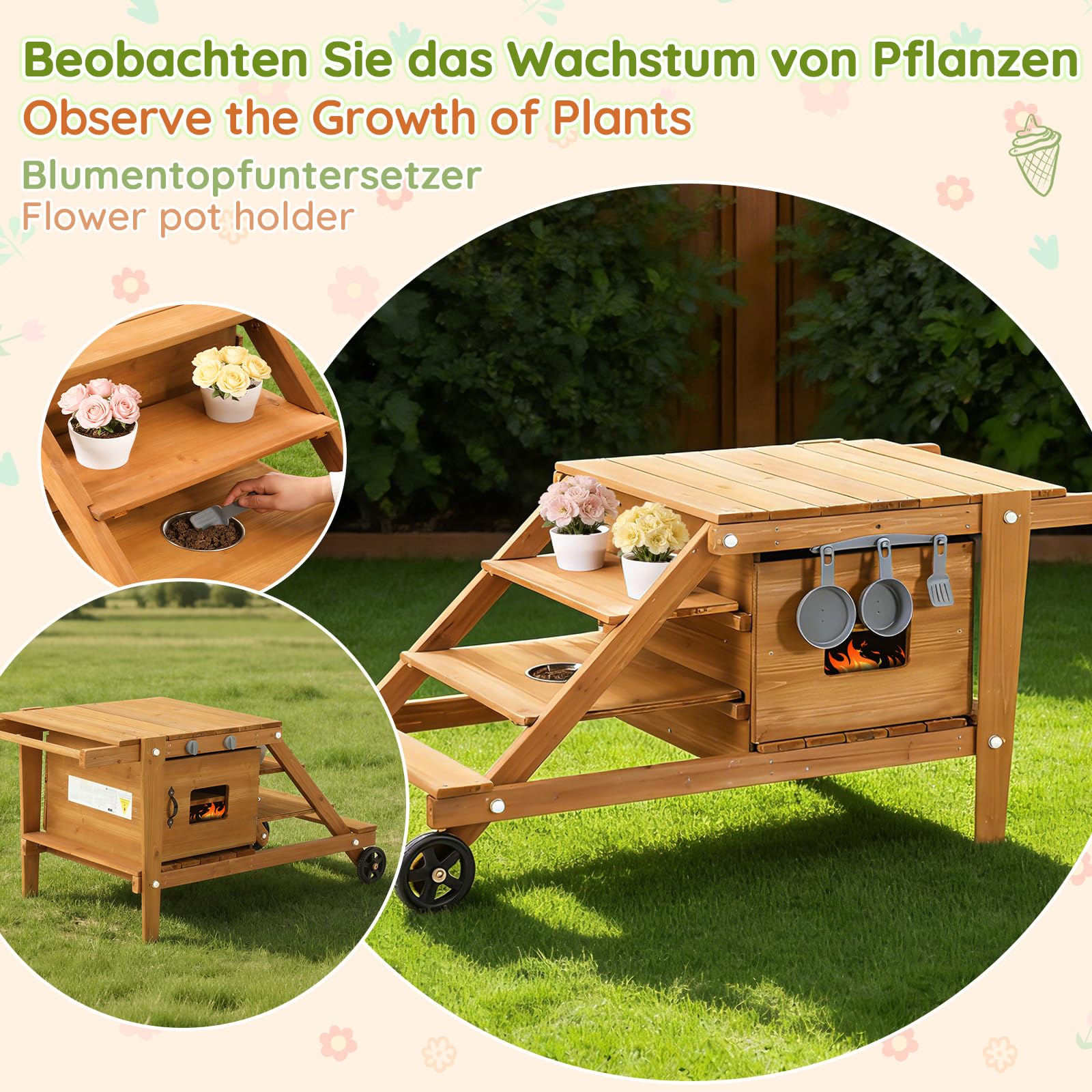Gecheer Kinderküche Outdoor, Rollen, Zubehör, Holz, ab 3 Jahren, für Garten, Rollenspiel