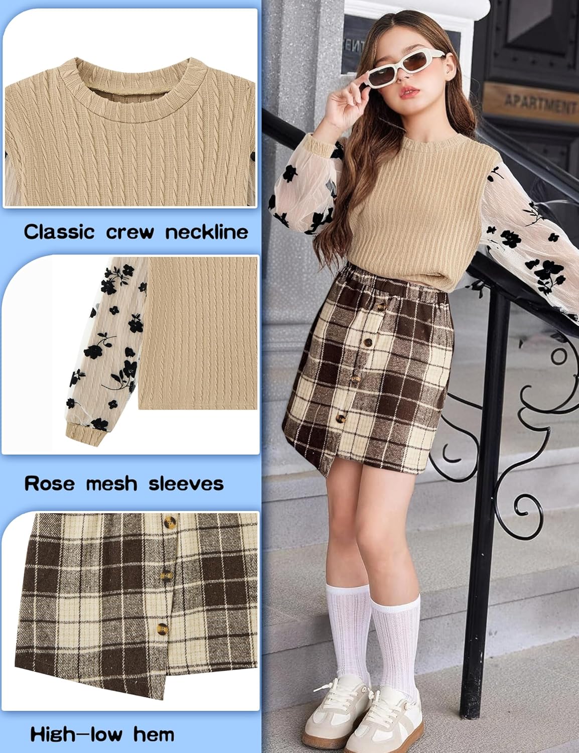 Girl Clothes Girls Outfits Flare-lace Sleeve Top and Plaid Skirt Dress Fall Winter 2Pcs Girls Clothes 6-14T - Image 7