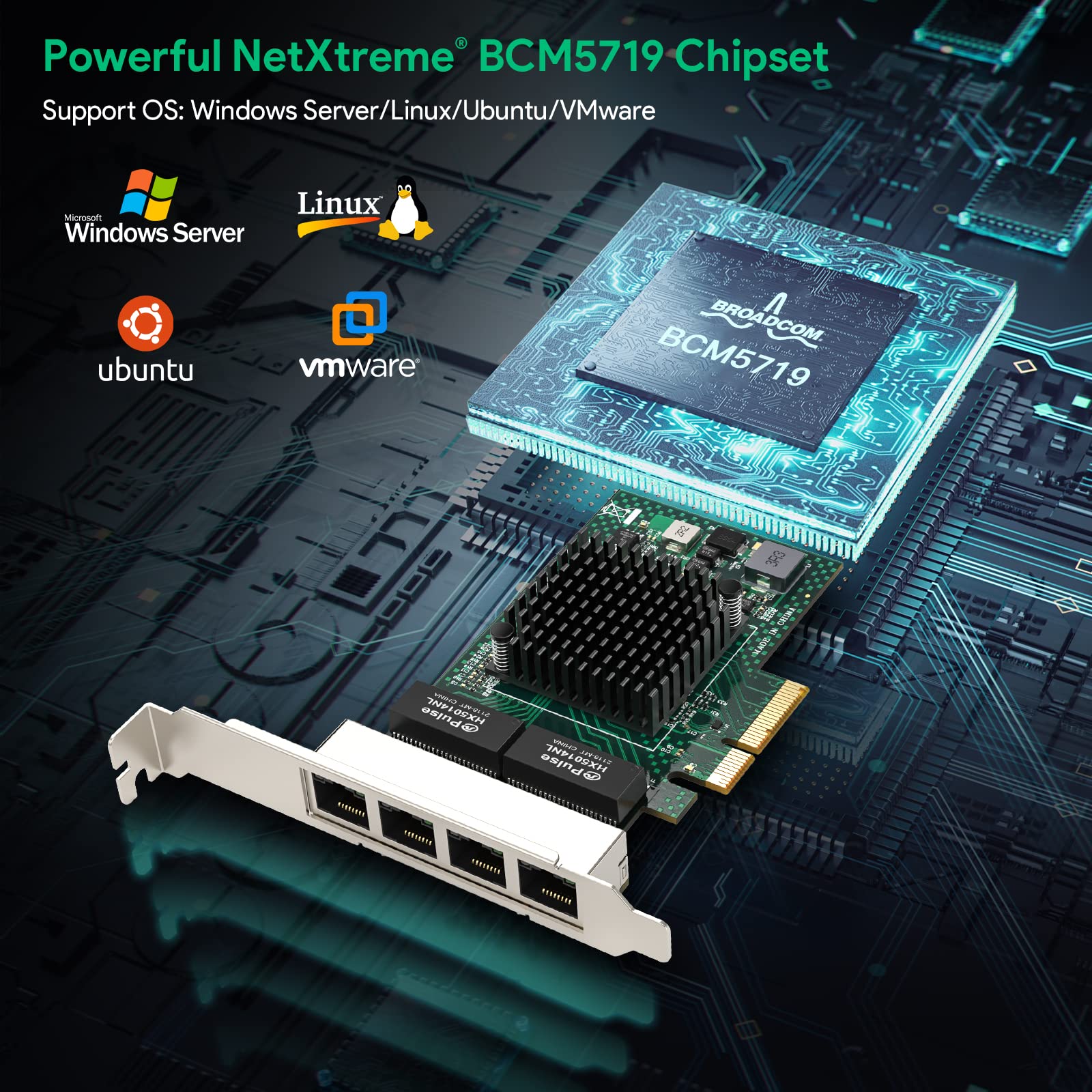 Adattatore server Ethernet Gigabit a 4 porte NetXtreme® BCM5719 RJ45 Scheda di rete quad-porte PCI Express 1000M Scheda Ethernet NIC con basso profilo per Windows Server/Linux/Ubuntu/VMware