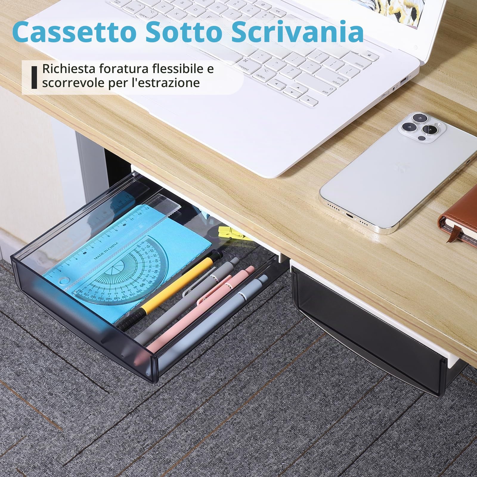 Fentar Cassetto Scrivania Trasparente in ABS, 2 Pezzi, Organizzatore per Ufficio