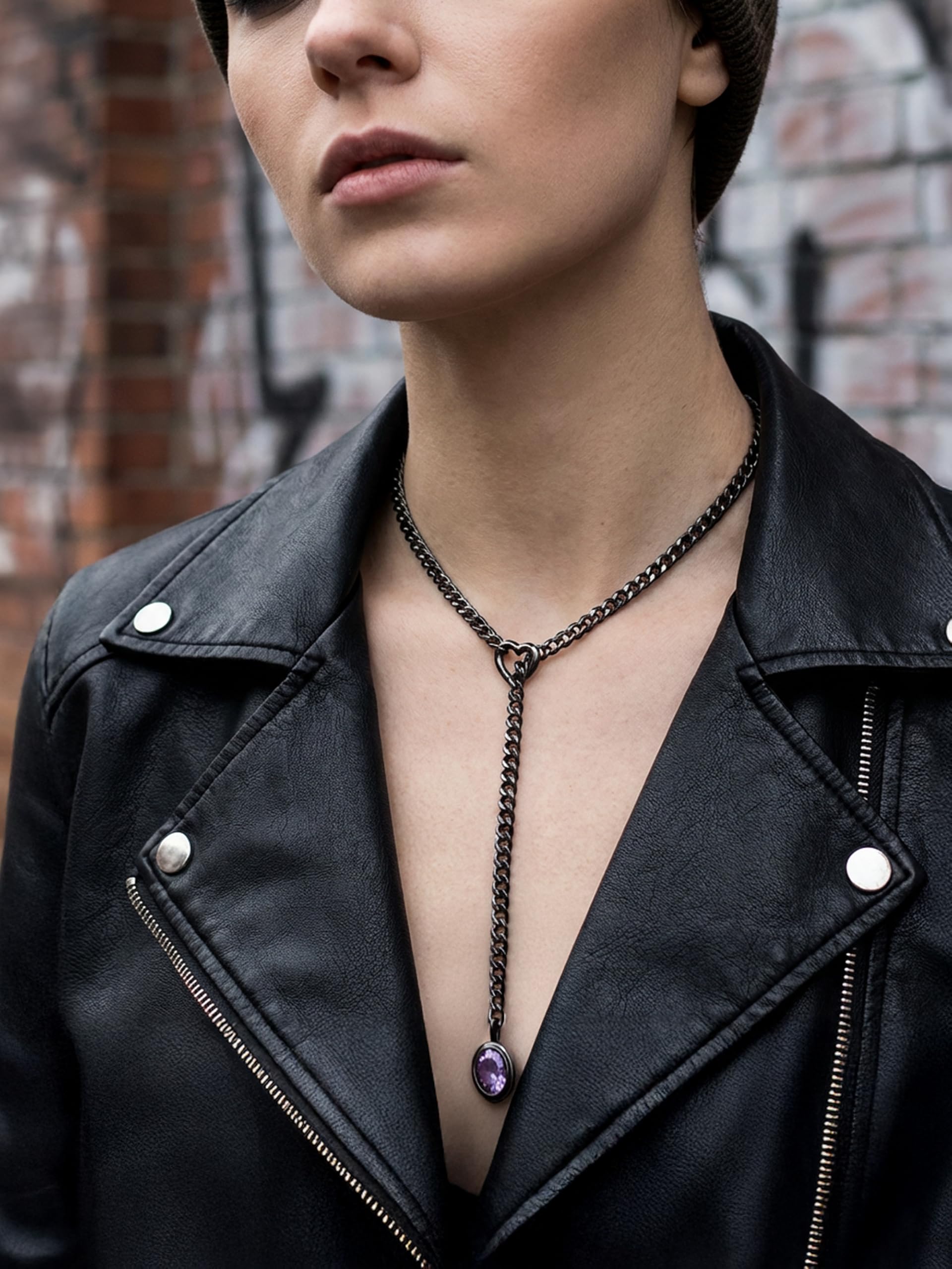 Heart Slip Chain Necklace for Women, Gold Cuban Chain with Removable Heart O-Ring, Sparkling Crystal Pendant, Adjustable Y-Necklace, Dainty Statement Jewelry.: Black-Hot Pink