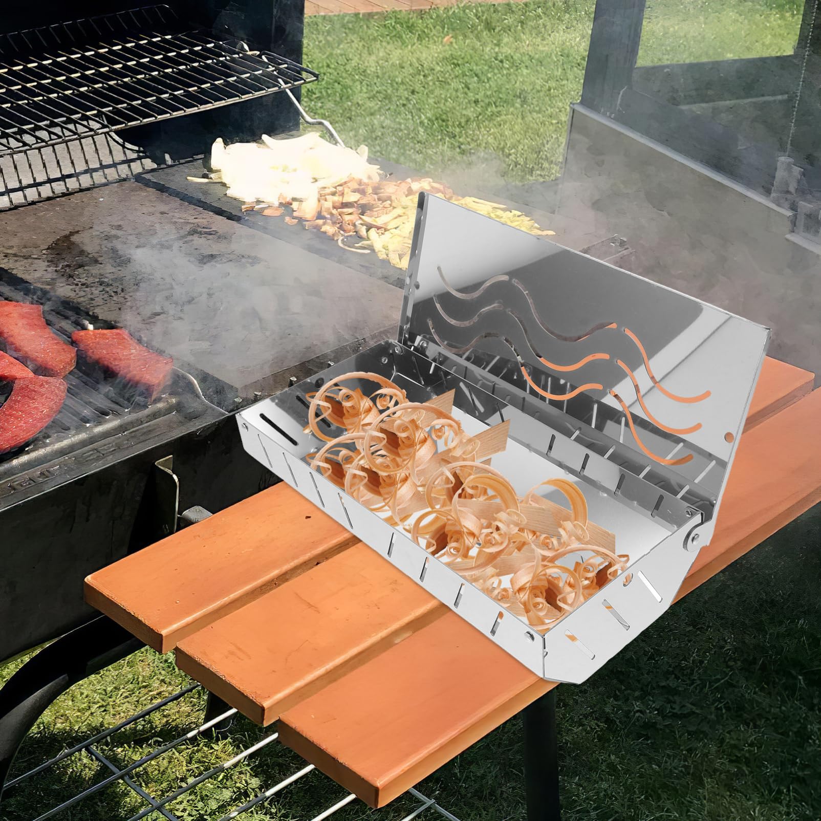 Sosoport 2 Stück Räucherbox aus Edelstahl für Holzkohle- Gas und Elektrogrill für Fleisch und Fisch mit Deckel Grillzubehör für Bbq Geschmack