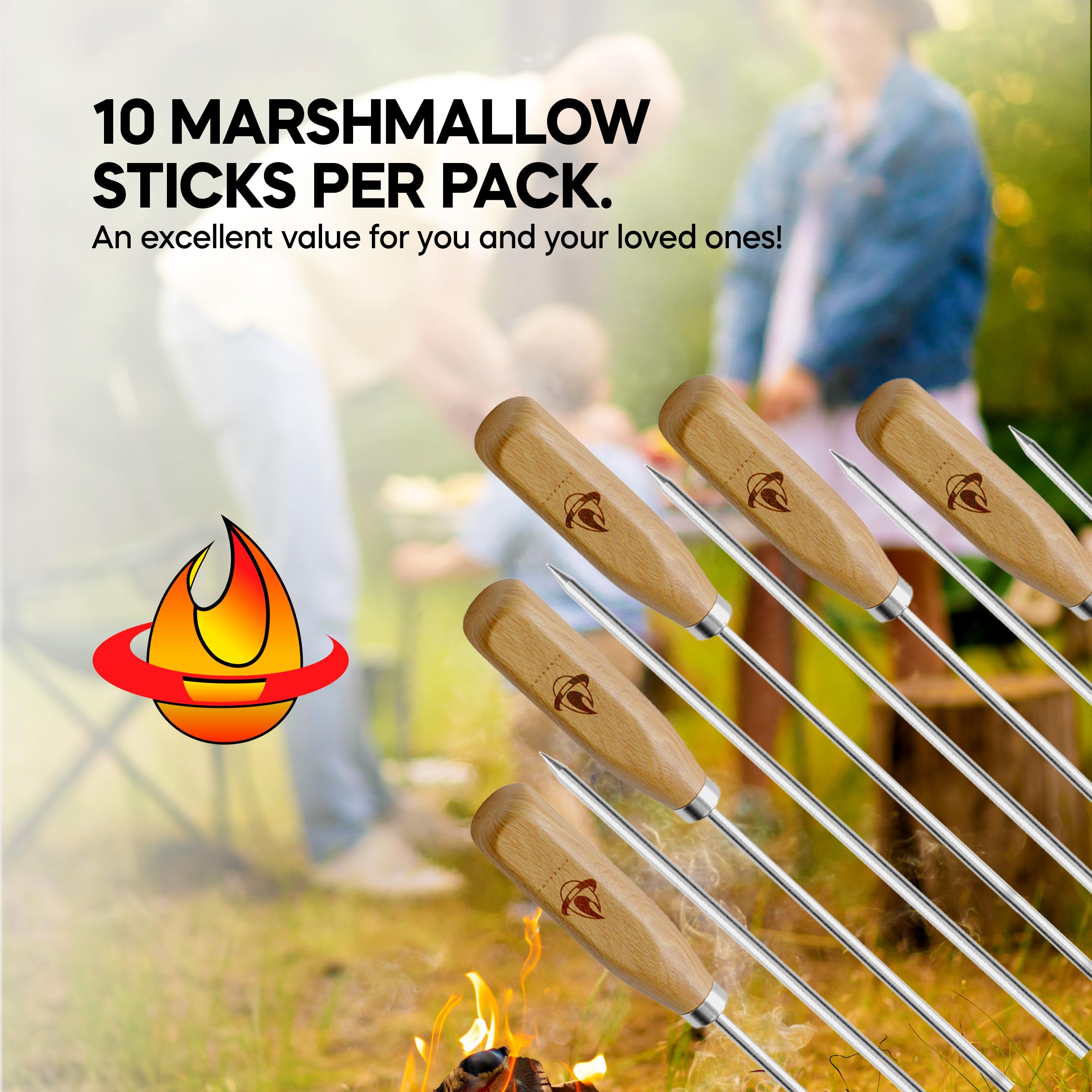 Bastoncini per marshmallow per braciere, 86,4 cm, extra lunghi, per arrosti, spiedini in metallo, arrosto, hot dog, mais, barbecue, accessori da campeggio all'aperto, con manico in legno (confezione