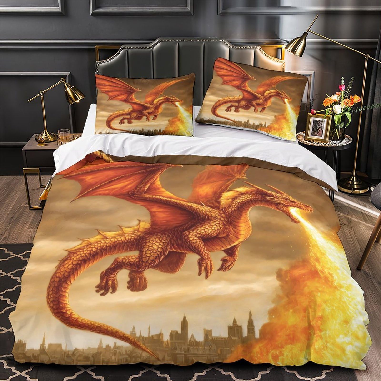 Housse de couette dragon 3D grand lit microfibre respirante 3 pièces 260x220