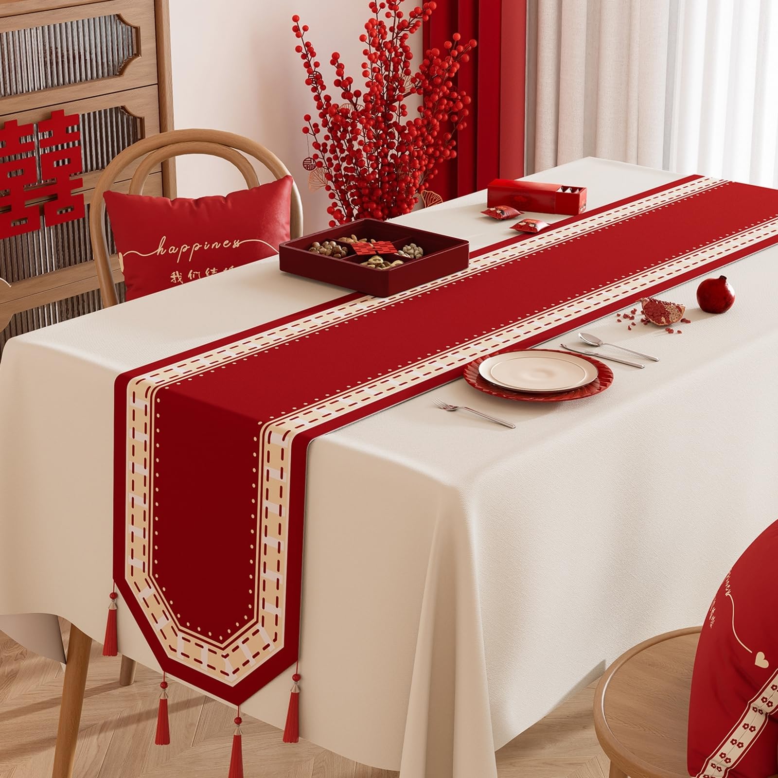 Tischläufer Modern Polyester, Tischläufer Wohnzimmer 35x220 cm, Uni Rot mit Muster und Quasten