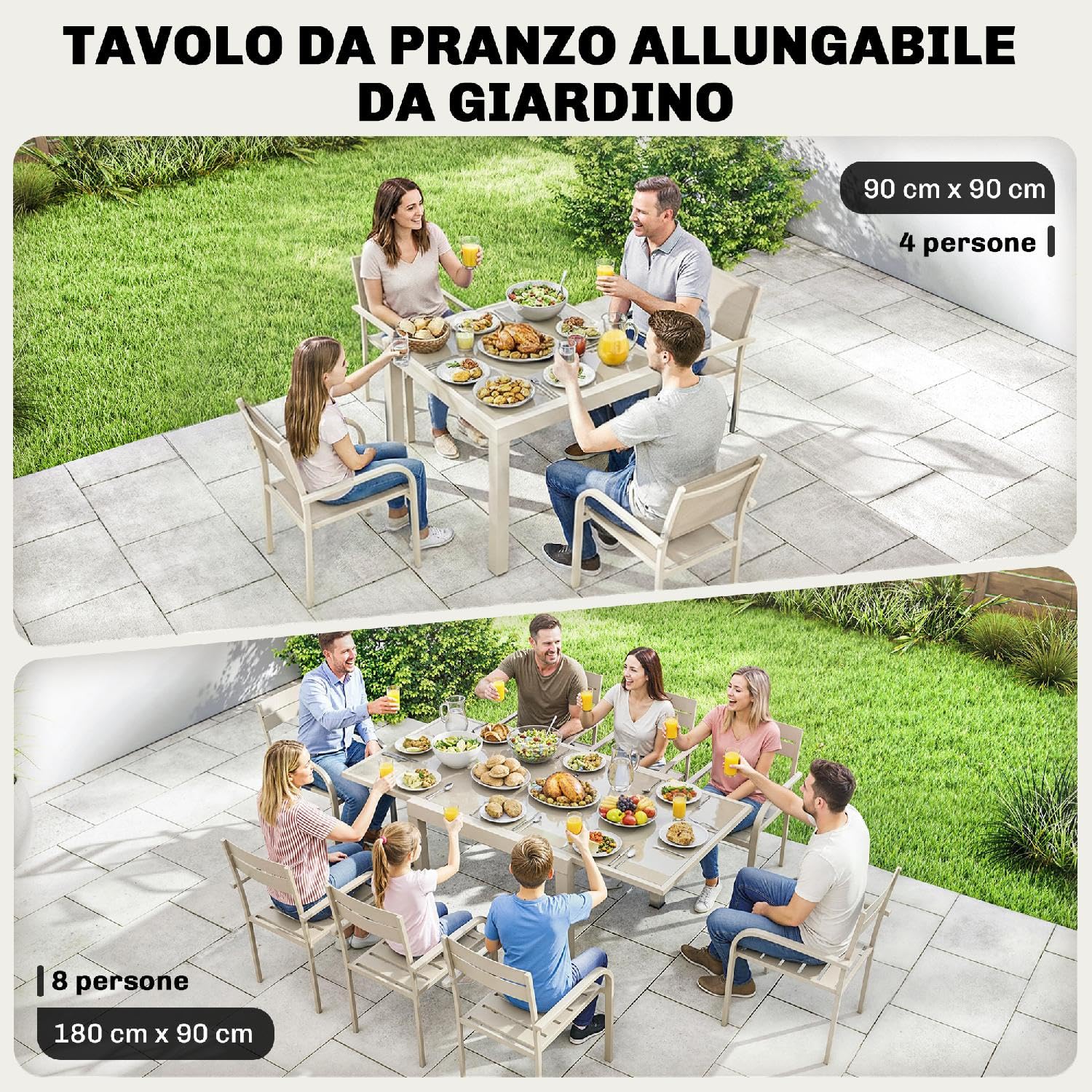 Tavolo da Esterno Giardino, Allungabile, Quadrato, in Alluminio/Vetro Temperato, 90-180x90x75 cm, Bianco Crema