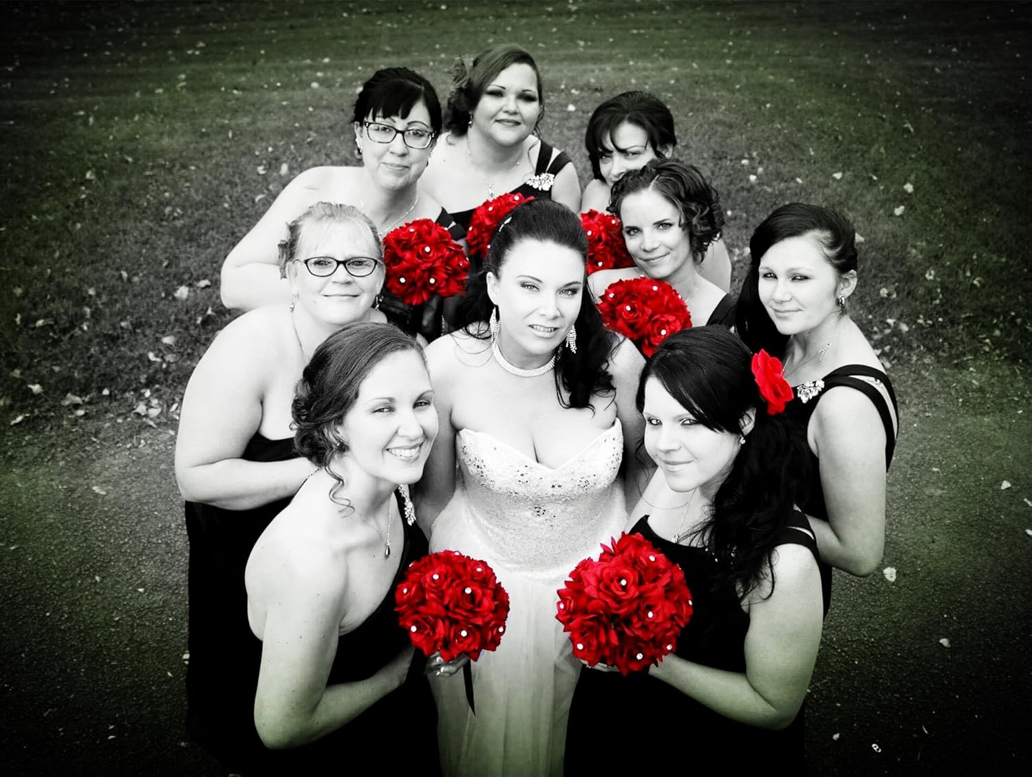 Angel Isabella 9" Wedding Bouquet - Apple Red Open Roses with Rhinestone and Bling Decor(Ivory Ribbon)