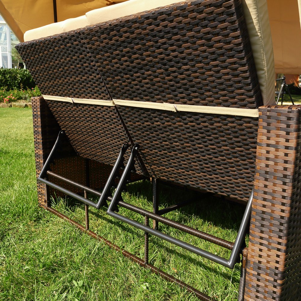 Melko Sonnenbett/Strandkorb/Lounge aus Polyrattan, Braun, inkl. klappbaren Seitentisch +verstellerbarer Rückenlehne + Faltbare Sonnenschutzdach