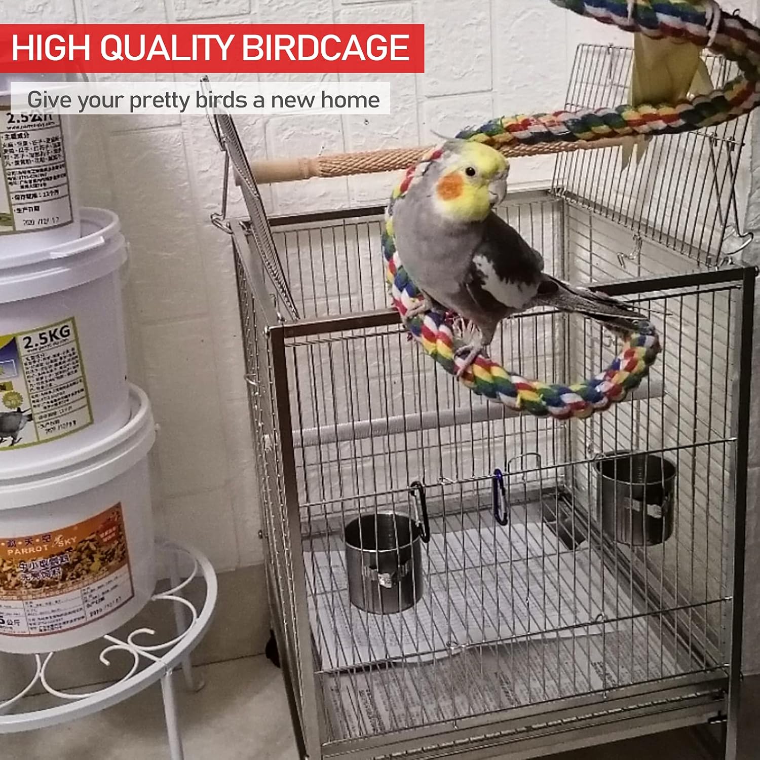 Lilithye Stainless Steel Small Bird Cage Open Top Standing Conure Bird Cage with Rolling Wheel Vision Bird Flight Cage for Parrot Parakeet Macaw Finch Cockatoo Pet Bird House : Pet Supplies