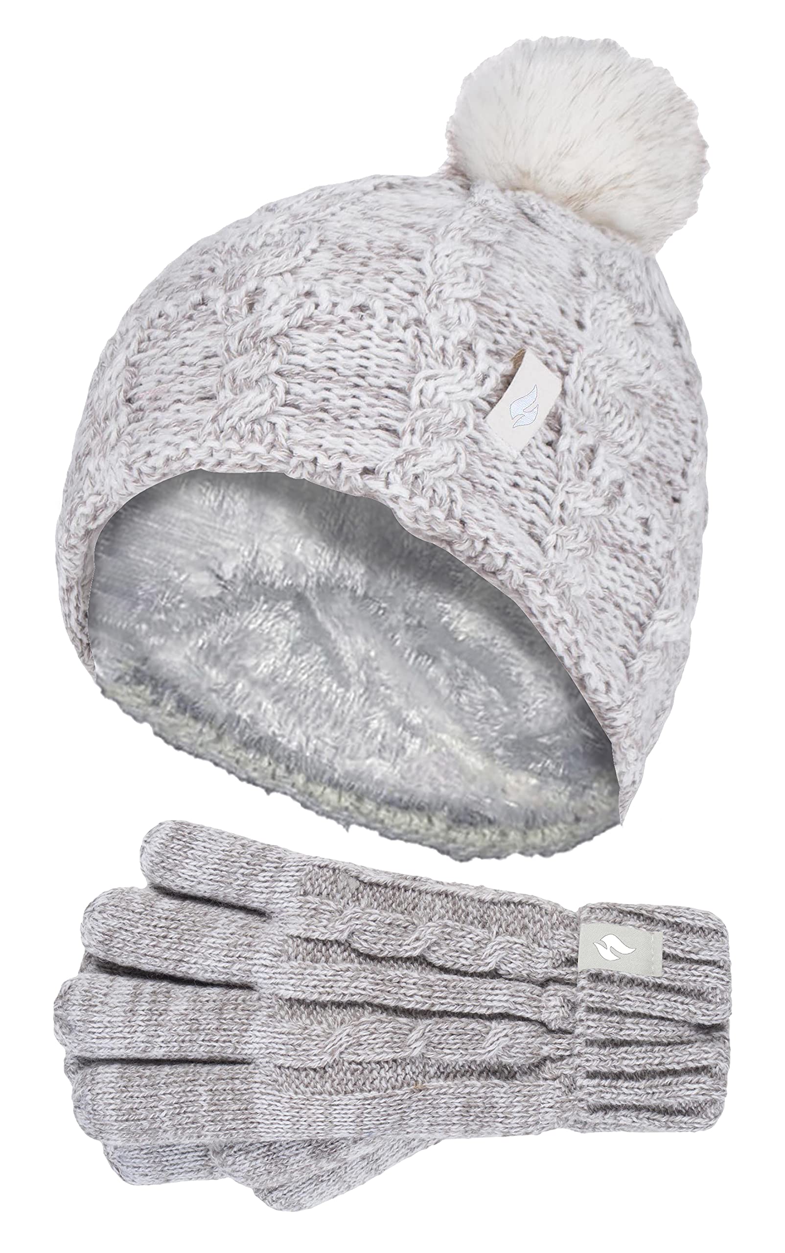 HEAT HOLDERS - Girls Bobble Pom Pom Hat and Gloves Set | Turn Over Cuff Hat & Cable Knit Gloves Style (7-10 Years, Oatmeal Twist)