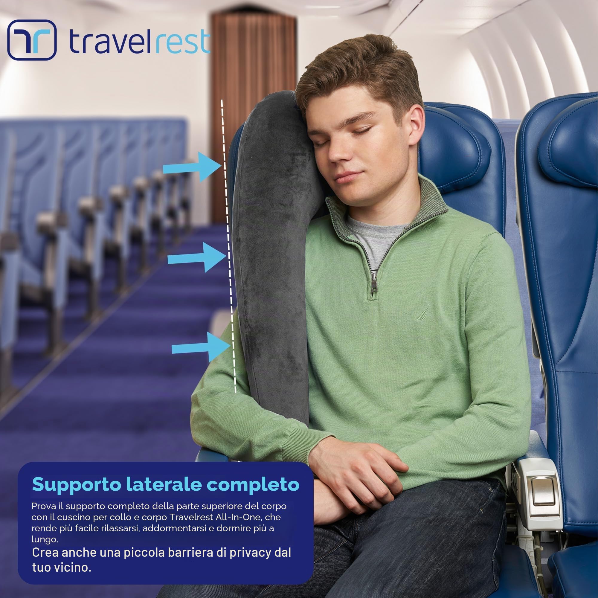 TRAVELREST All-in-One Cuscino da Viaggio Verticale Pieghevole Lavabile Leggero con Cintura – Gonfiabile, Sostiene Testa e Collo Per Viaggio in Aereo, Treno, Pullman – Innovativo Design Ergonomico
