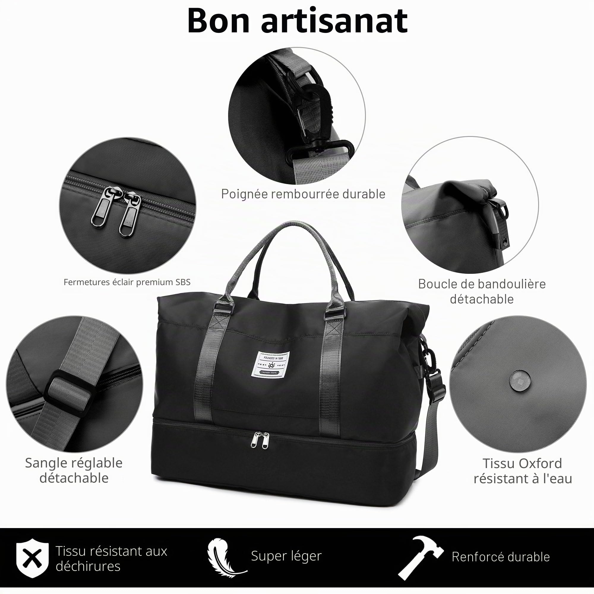 Sac de Voyage Sac de Bagage à Main Sacs de Sport Grand Format Sac de Sport Imperméable Sac à Dos Weekend avec Compartiment à Chaussures et Sacoche pour Femme Homme (Noir)