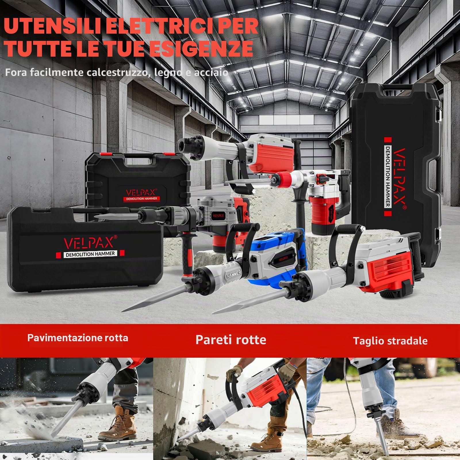 Martello Demolitore 3500W SDS-Hex, 60 Joule, Martello Pneumatico con Impugnatura Anti-Vibrazione, 2 Scalpelli Inclusi e Scatola di Trasporto, Tassellatore per Calcestruzzo e Demolizioni Pesanti