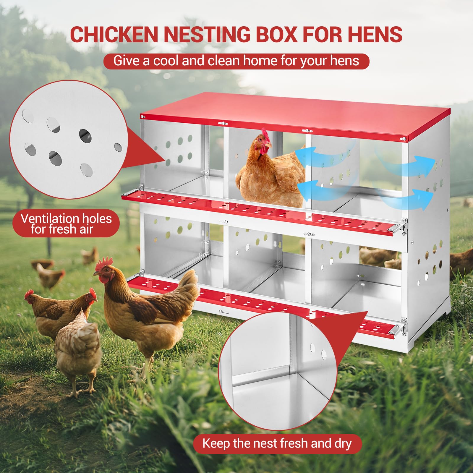 Gallinero De 6 Compartimentos, Acero Galvanizado Resistente e Inoxidable, con Orificios De Ventilación y Plataforma De Descanso, para Montaje En Pared o Suelo, Resistente a Picoteos y a La Corrosión
