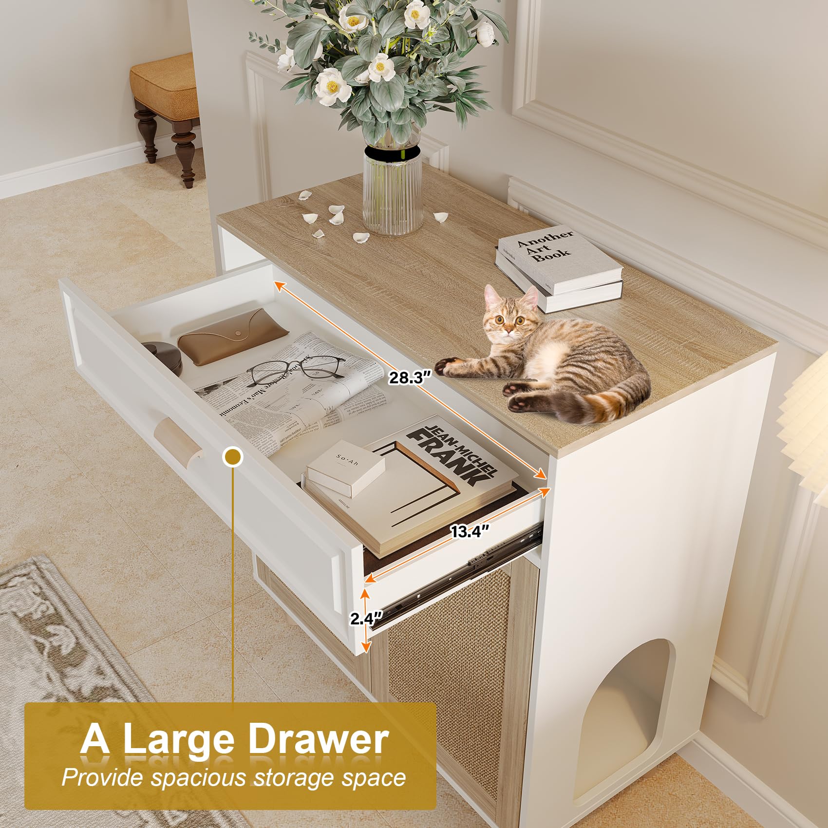 Cat Litter Box Enclosure Furniture Hidden Indoor 2-in-1 Wooden Cat House & Washroom Cabinet with Scratching Board Doors and Drawer, 31.5"x15.7"x34.6"H