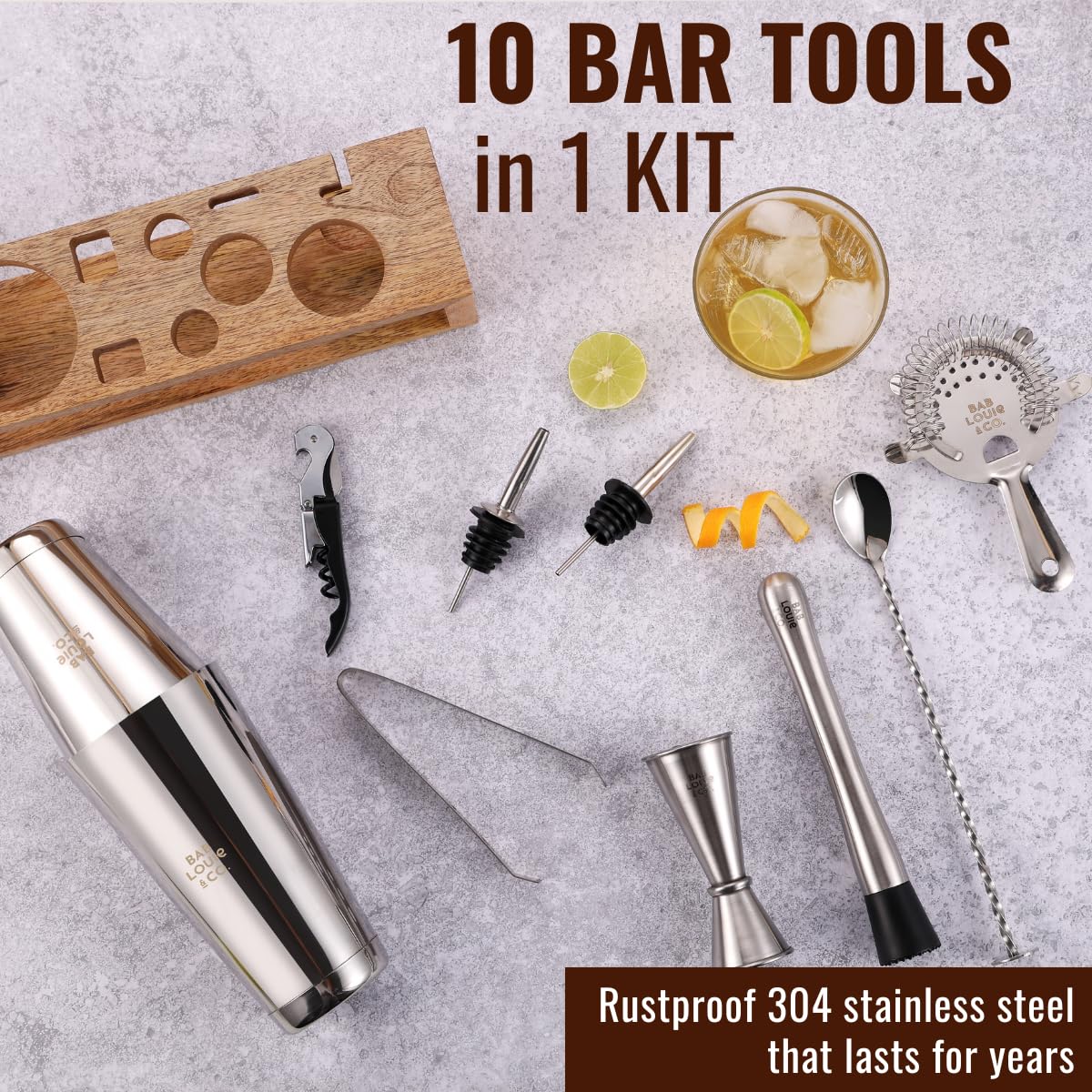 Bab Louie & Co. Bar & Cocktail Set, Ultimate BarKit with Wooden Stand, Cocktail Shaker Set for Drink, Set of 10 Stainless Steel & Anti Rust Bar Accessories with Stylish Bar Stand, Gifts for Bartender - Image 4 thumbnail