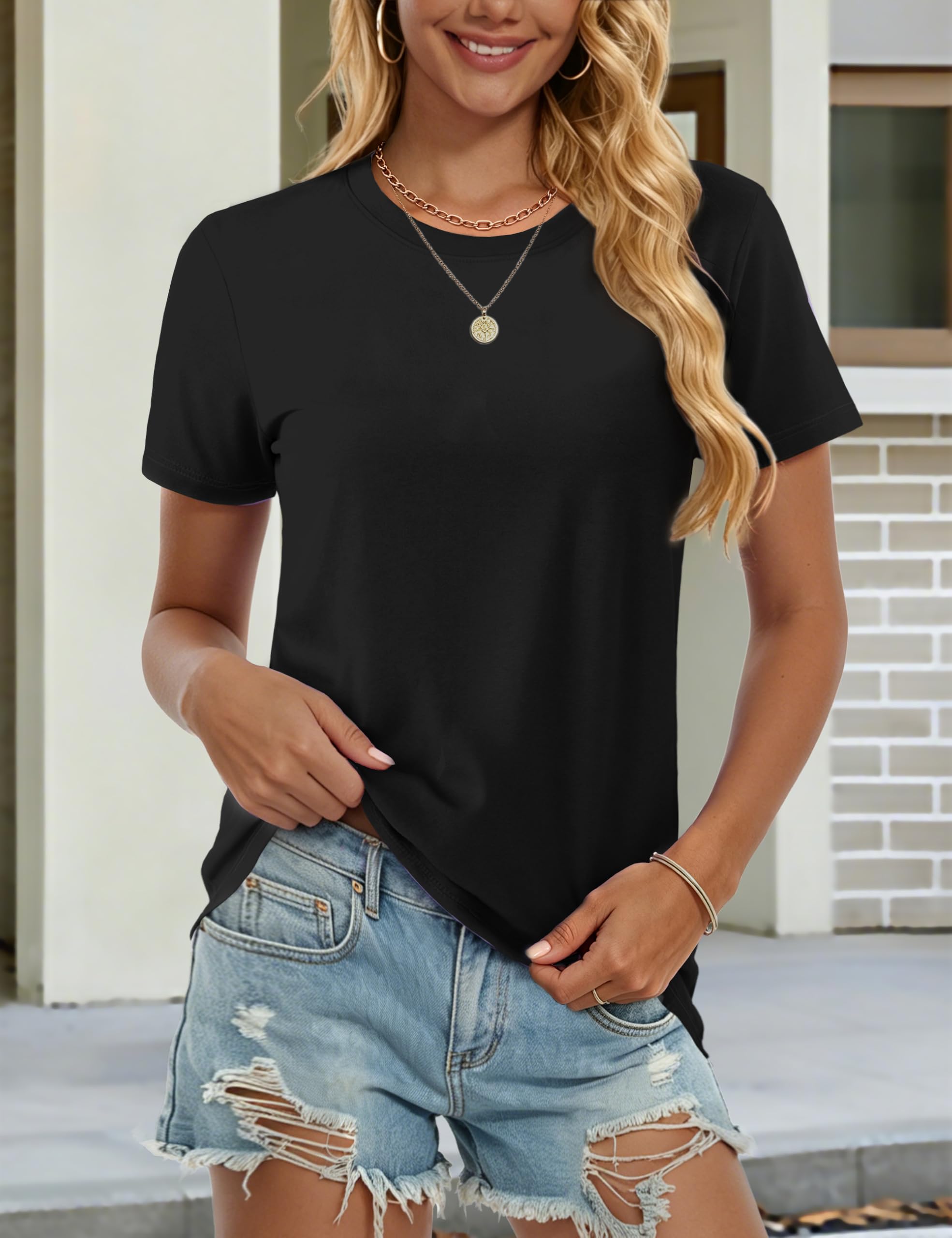 SMENG Camisetas de manga corta para mujer, de algodón UPF 50+, cuello redondo, camiseta básica de verano, yoga, correr, entrenamiento