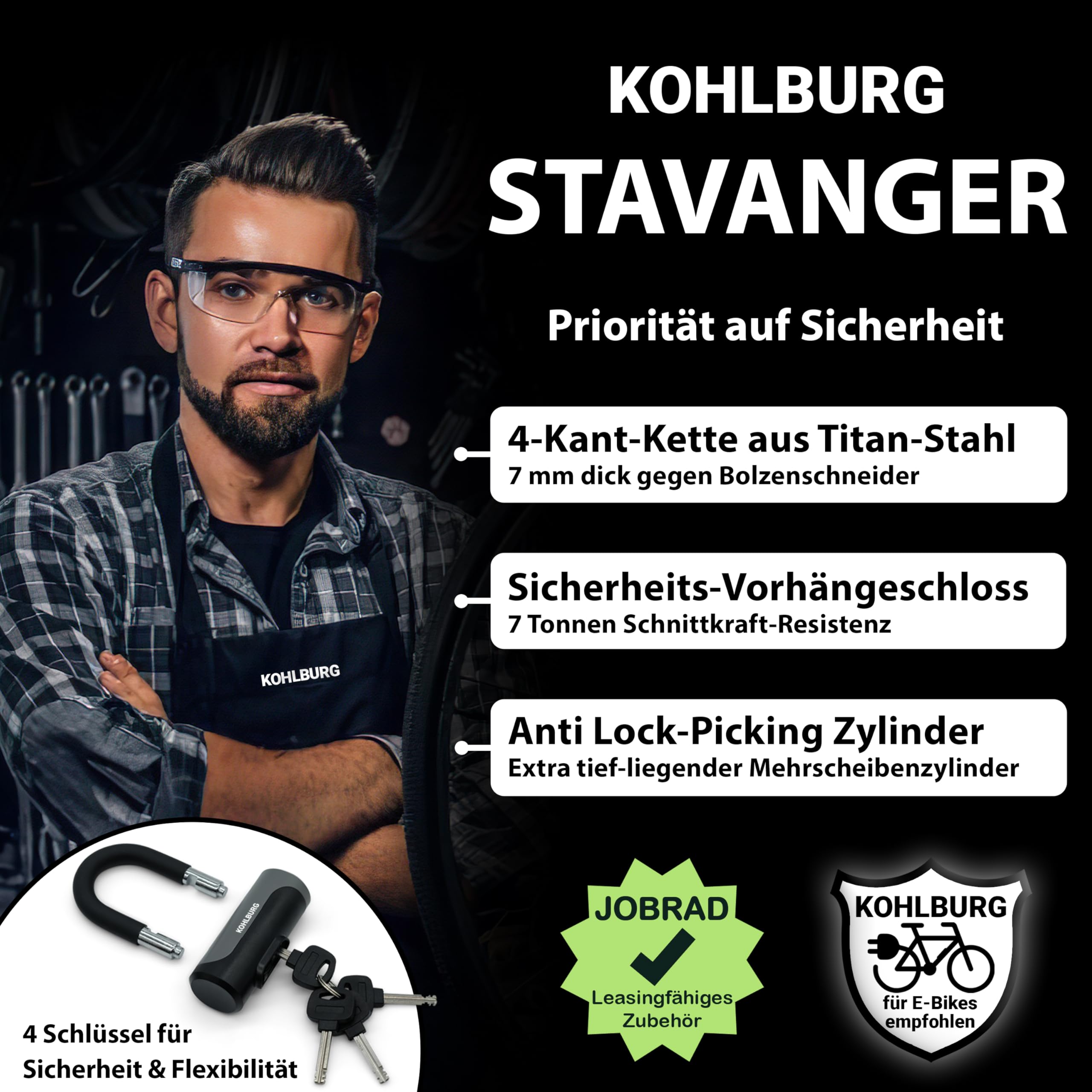 KOHLBURG Lucchetto a catena sicuro [7 mm di spessore in acciaio al titanio, con anello extra, lunghezza 85 cm, lucchetto per bicicletta con serratura extra con chiave [4 x] come lucchetto per