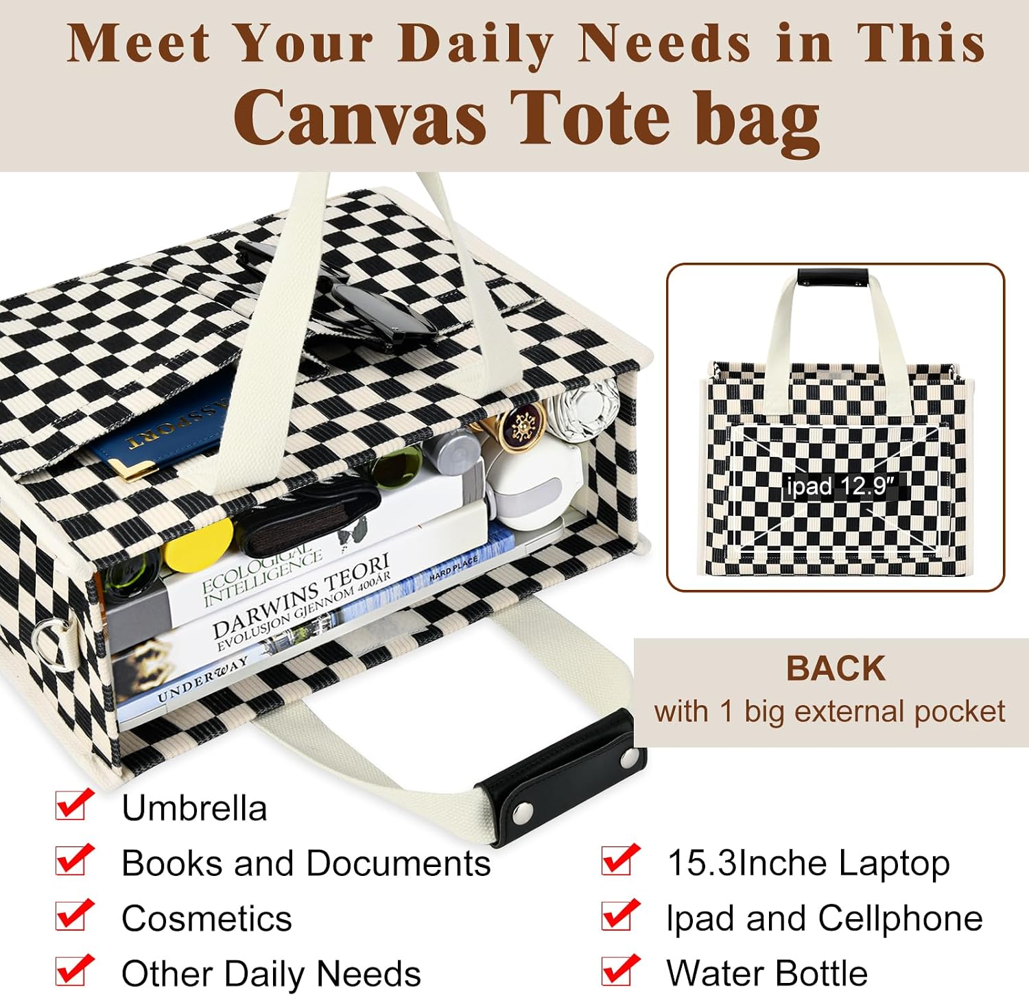 Tote Bag for Women, Canvas Tote Bag with Velcro Closure, Laptop Work Crossbody Bags Daily Handbags Purse for Travel