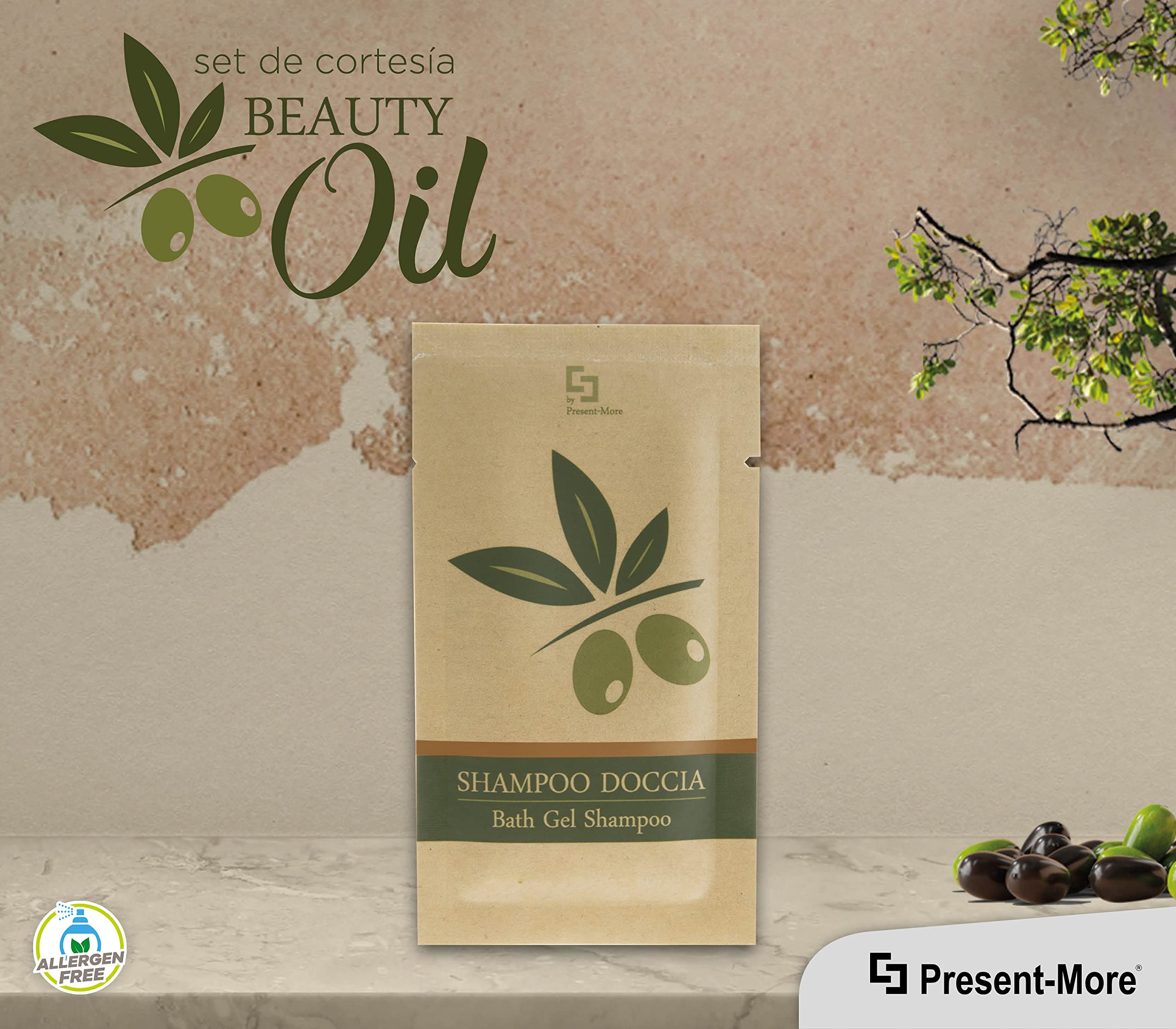 Present-More Champú de ducha 15ml Beauty Oil - Ducha champú 250 unidades para Hoteles y B&B | Ducha champú sin alérgenos con fragancia Tahitian
