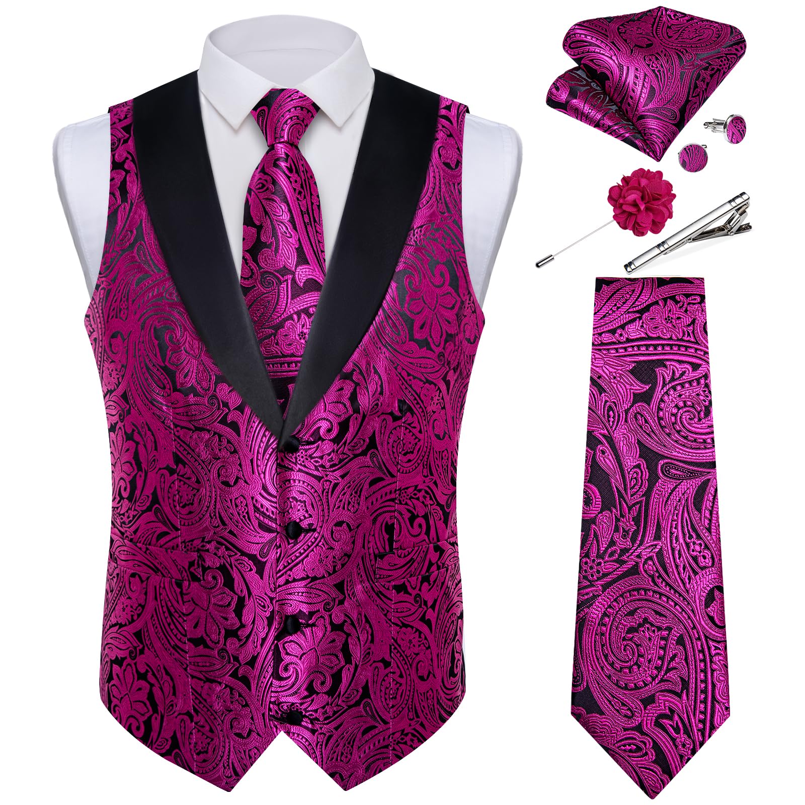 DiBanGu Mens Paisley Suit Vest Silk Jacquard Waistcoat and Necktie Set Formal Shawl Collar Dress Vest 7PCS for Wedding Party