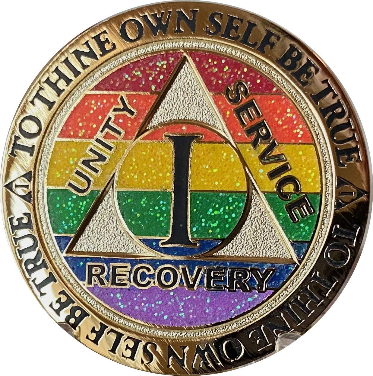 1 Year AA Medallion Reflex Rainbow Glitter And Gold Plated Sobriety Chip