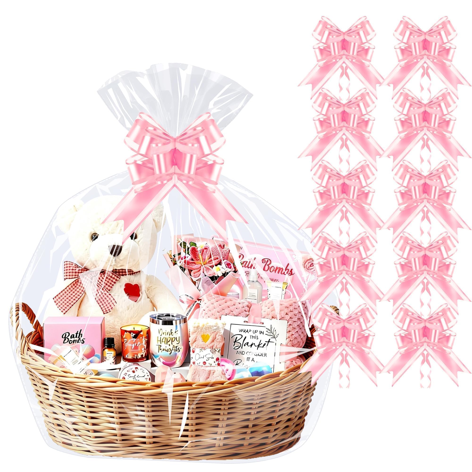 PigPotParty Cellophane Bags for Gift Baskets, 30x40 in, 10 Pack, Pink Bows