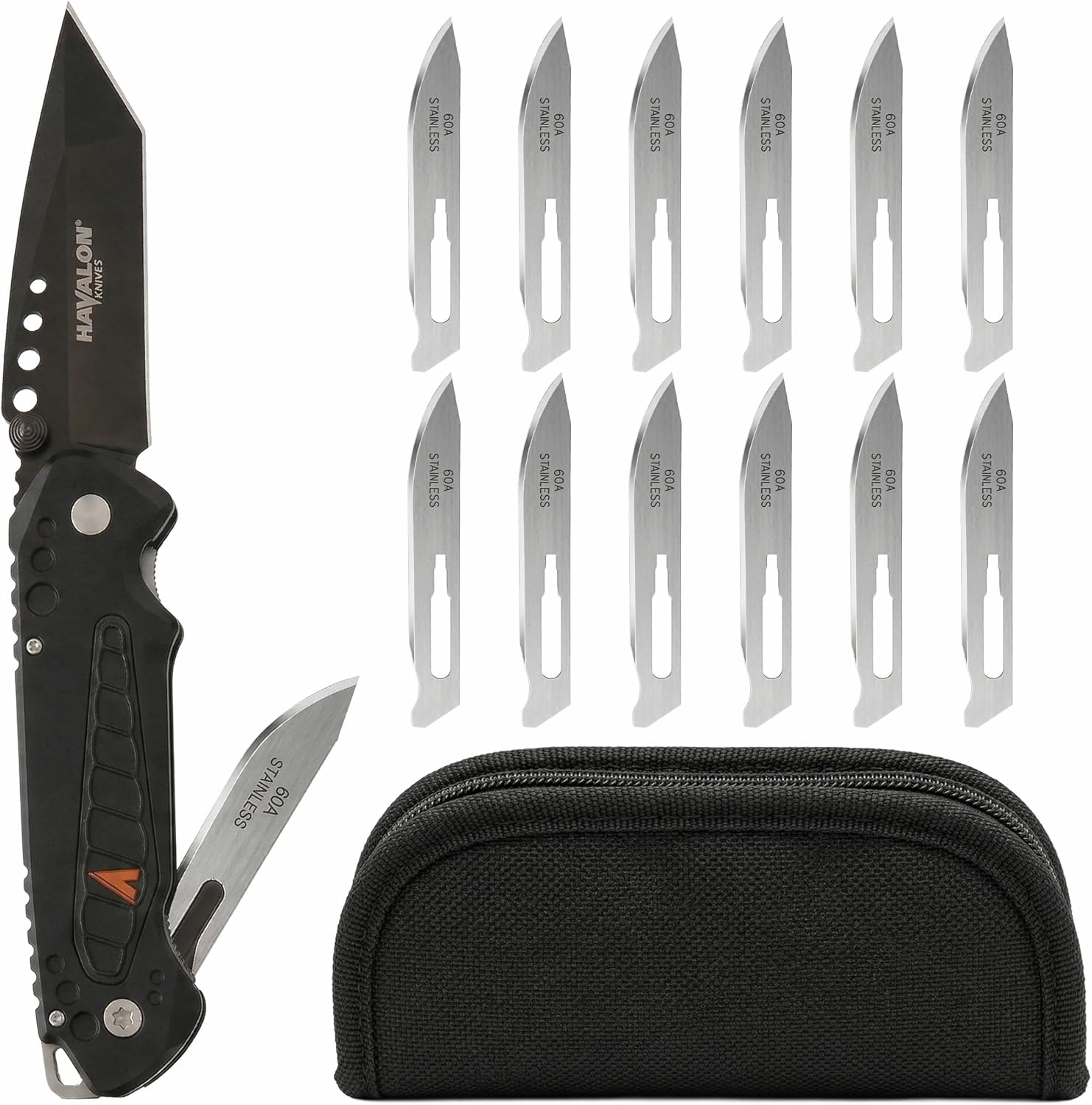 Havalon EXP Folding Knife – Dual Blade Pocket Knife with Heavy Duty Tanto Blade and Replaceable #60A Blades, Includes Holster & 12-Pack Refills