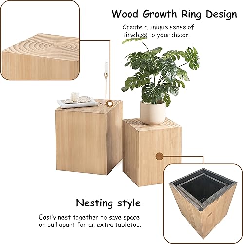 Miniatura 3 de COZAYH Juego de 2 mesas auxiliares de tocón de árbol, diseño múltiple con patrón de anillo de árbol de madera, color madera natural