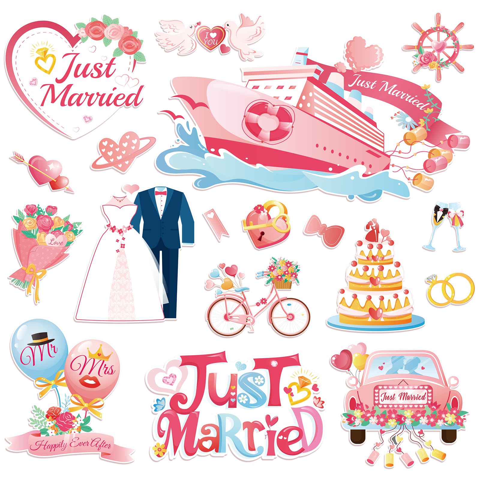 PHOGARY 18pcs Just Married Magnets for Honeymoon Cruise Door Decorations, Just Married Mr Mrs Magnet Elegant Cruise Magnets for Cabin Metal Door