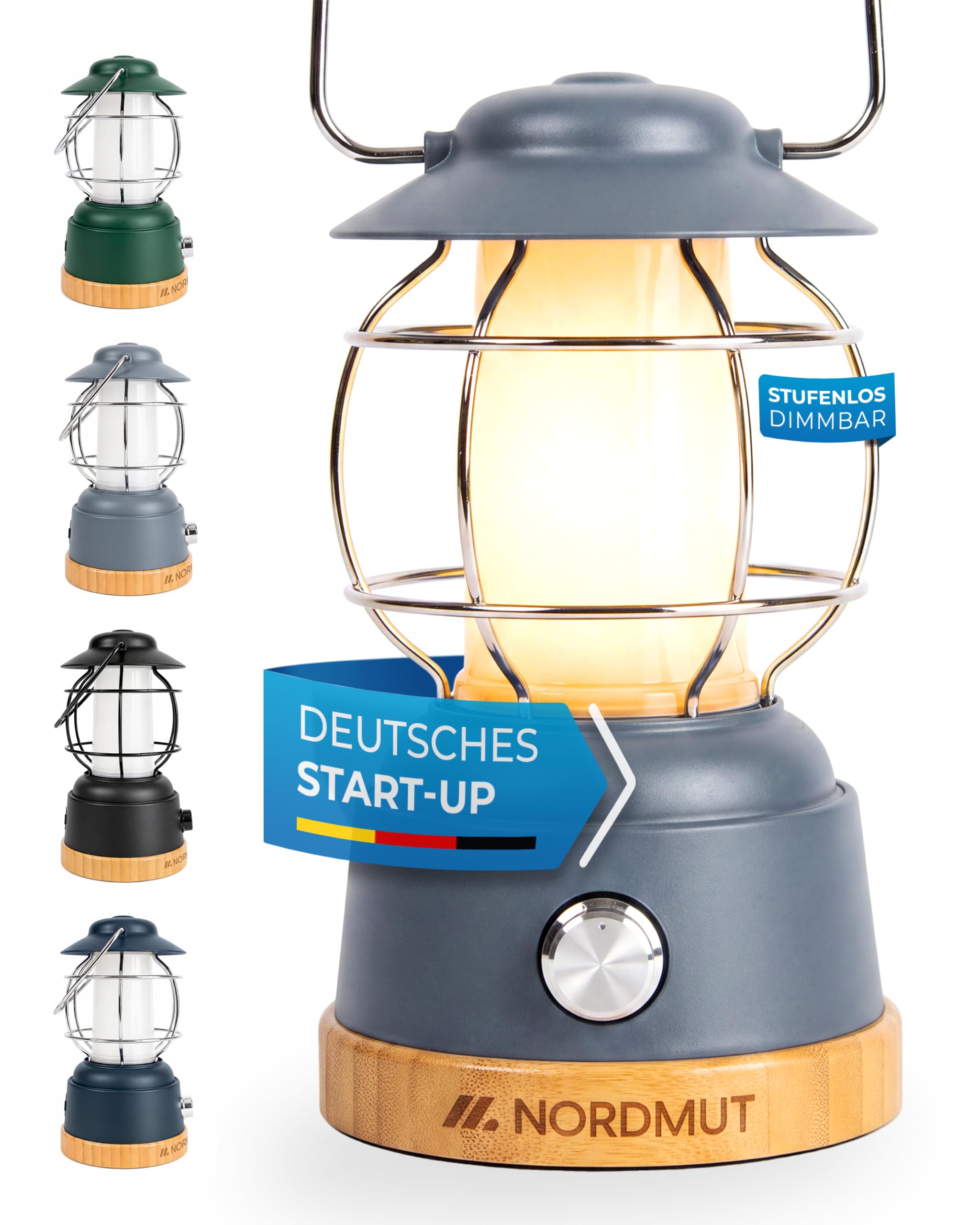 NORDMUT® Campinglampe aufladbar mit Powerbank [5200 mAh] IPX4 wasserdicht – Campinglampe dimmbar mit 200h Leuchtkraft – Leichte Campingleuchte Outdoor mit kompakten Packmaß (Grau)