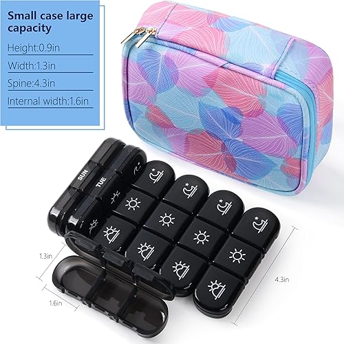 Miniatura 2 de Pastillero semanal 3 veces al día, pastillero de viaje portátil con recipientes separados para píldoras y bolsa de cuero, pastillero diario de gran