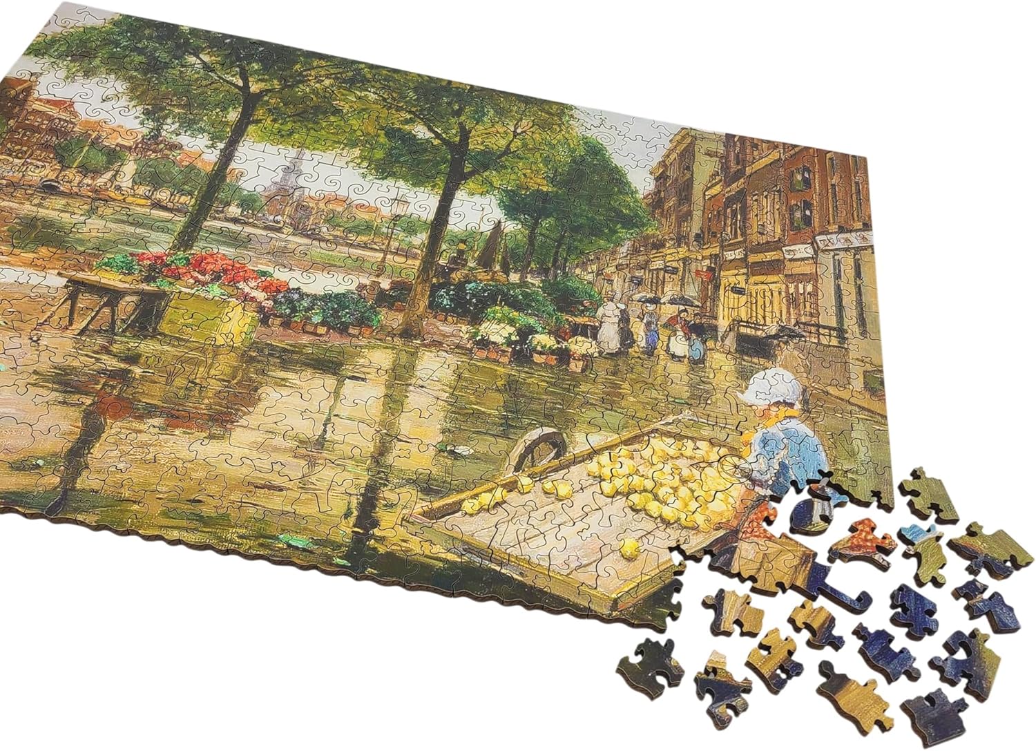 Wooden Puzzle for Adults - Uniquely Shaped Pieces - Made in The USA by FoxSmartBox - 465 Pieces - Flower Market in Amsterdam
