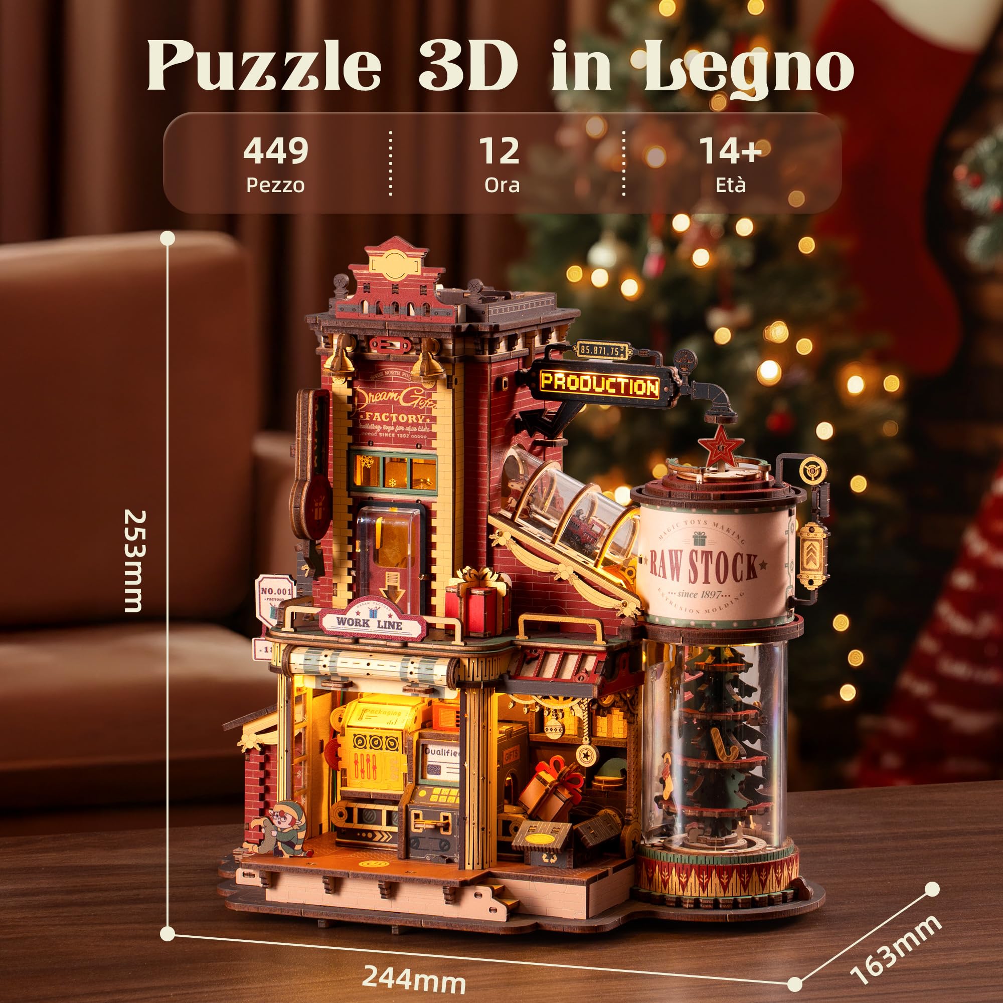 ROBOTIME Puzzle 3D Fabbrica di Regali, Modellismo in Legno da Costruire Adulti, Retrò Vintage Rompicapo Kit di Costruzione, Puzzle in Legno Luminoso con Musica e 5 Elfi per Bambino Adulto EAB01