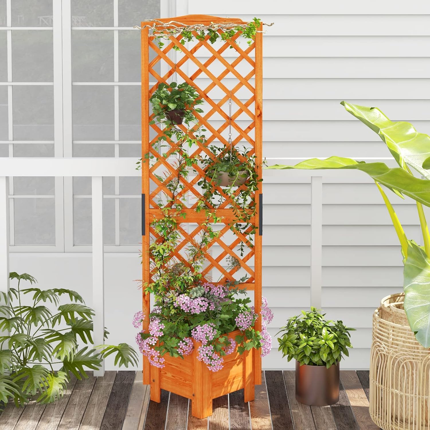 GOPLUS Jardinière avec Treillis 180CM en Bois, avec Trou de Drainage pour Plantes Grimpantes, Fleurs, Jardinière pour Cour, Jardin, Balcon, 54,5x54,5x180cm