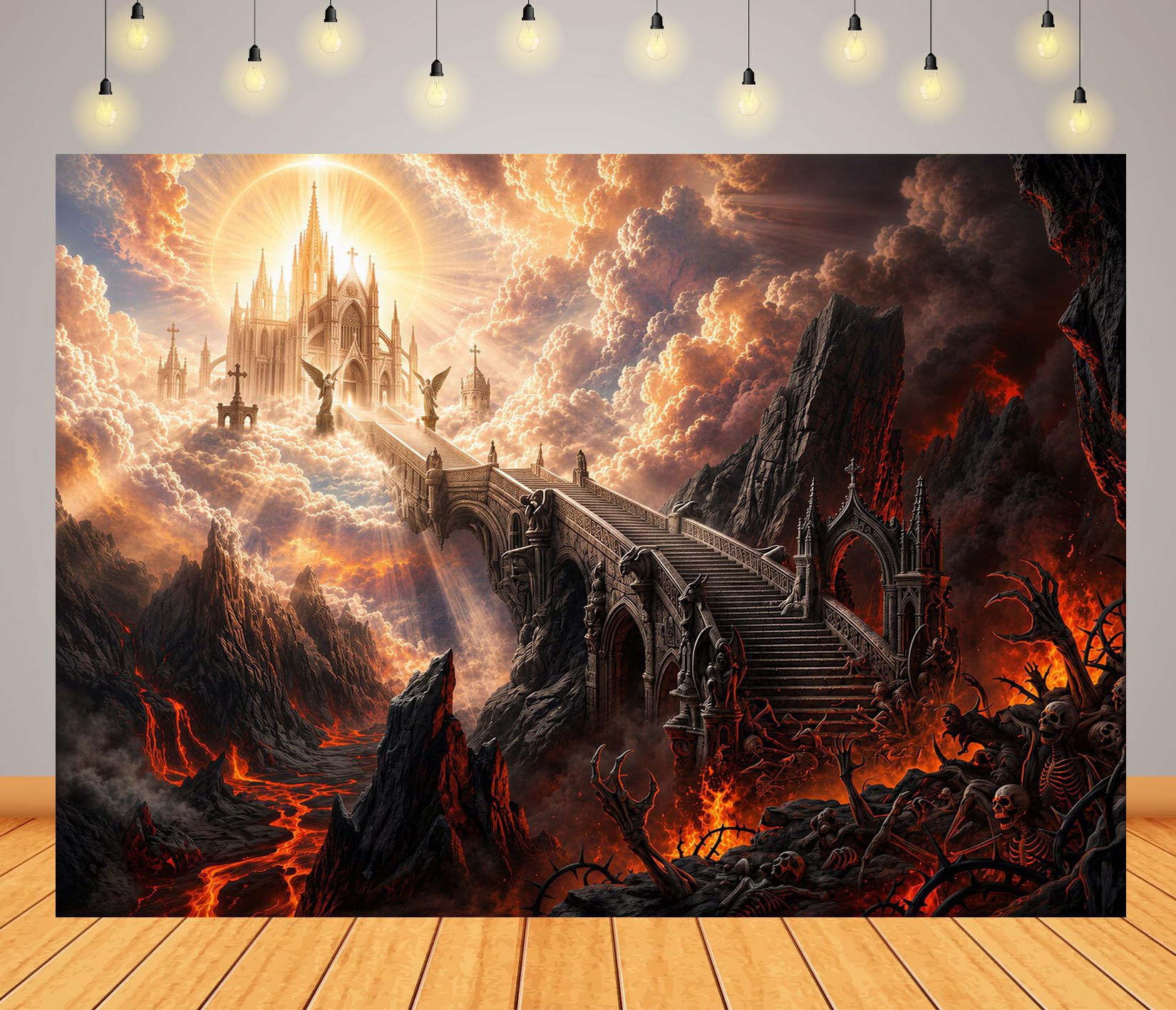 12x10FT (3.6x3m) Castello Infernale In Fiamme Sfondo Fotografico | Cittadella Di Lava Fondale In Tessuto,Ponte Ardente Teschi E Nuvole Tempestose,Feste Halloween,Personalizzabile,Photo Booth
