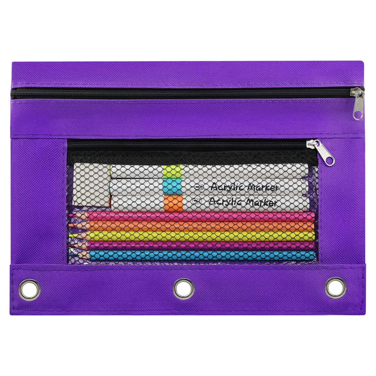 3 Ring Pencil Pouch for Binder, 2-Pocket Zipper Pencil Case with Clear Window &amp; Mesh Pocket, Heavy Duty 600D Oxford Fabric Binder Pouch for School Office Supplies, Fits Standard 3-Ring Binders, Purple