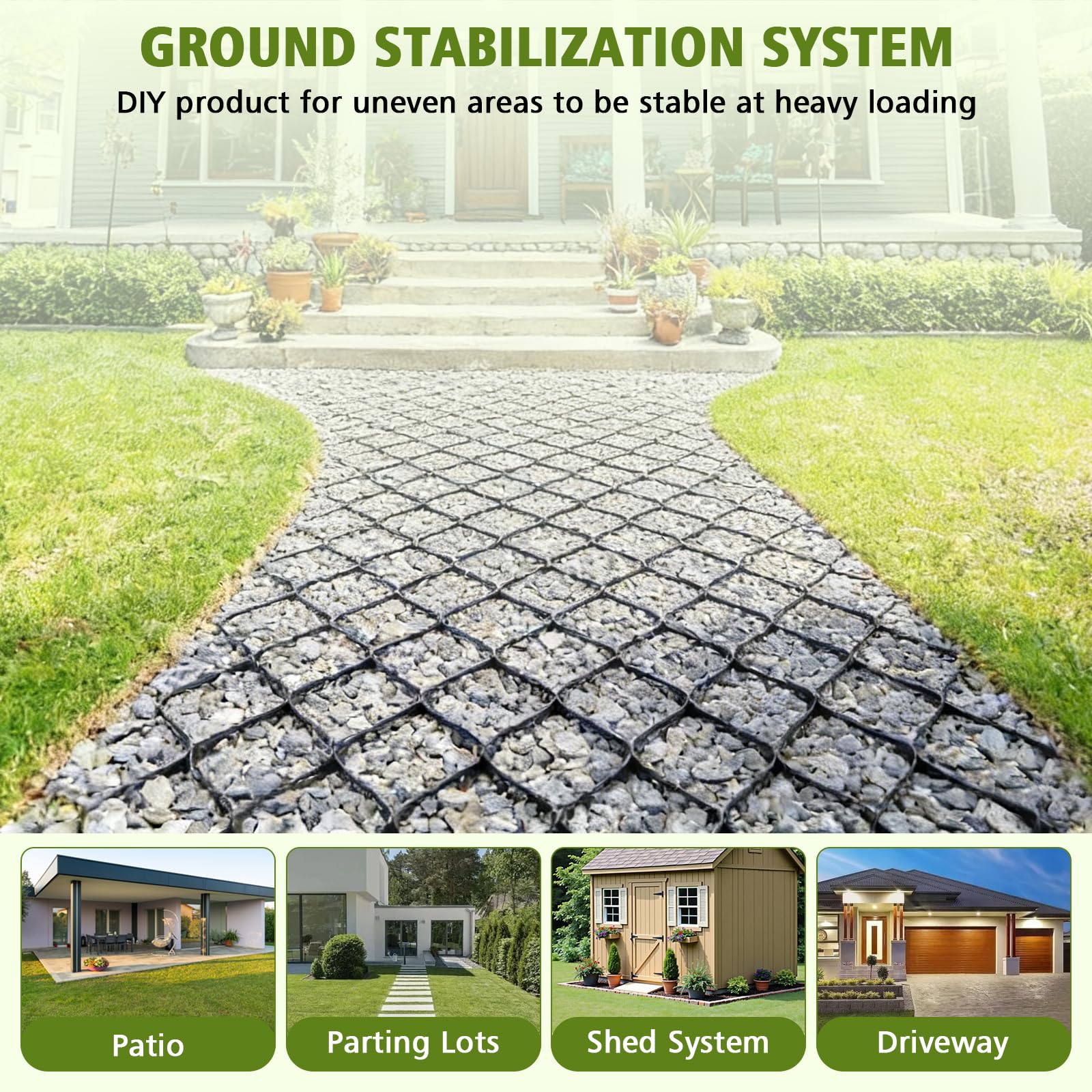 Rejilla de grava de 2 pulgadas de grosor, 10 pies x 16.4 pies, rejilla de grava y césped, rejilla de grava para base de adoquines, geomalla geocelular para calzadas, adoquines, jardín con 7 estacas