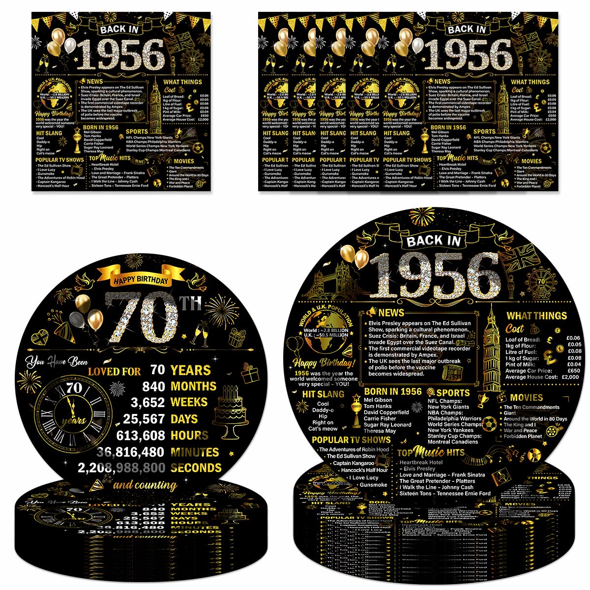 72Pcs Black Gold 70th Birthday Decorations Tableware Set Back in 1956 Paper Plates Napkins Happy Birthday 70th Disposable Tableware Decor for Women Men 70 Year Old Bday Party Favor Serve 24 Guests