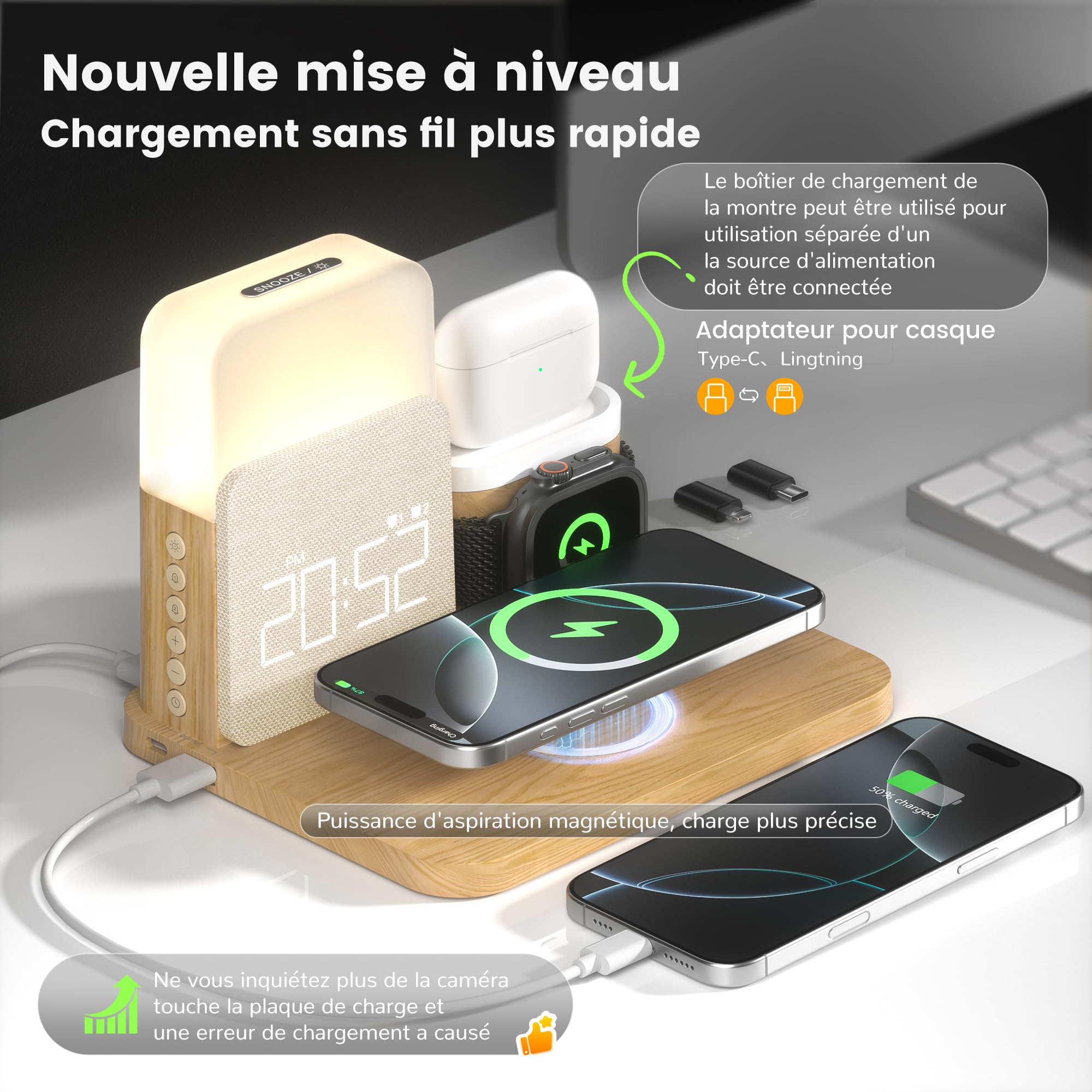 COLSUR Chargeur Induction 7 en 1 pour Apple Watch iPhone AirPods, Station De Charge Samsung, Lampe de chevet chambre tactile, Réveil, téléphones accessoires sans fil 17/16/15/14/13, decoration chambre