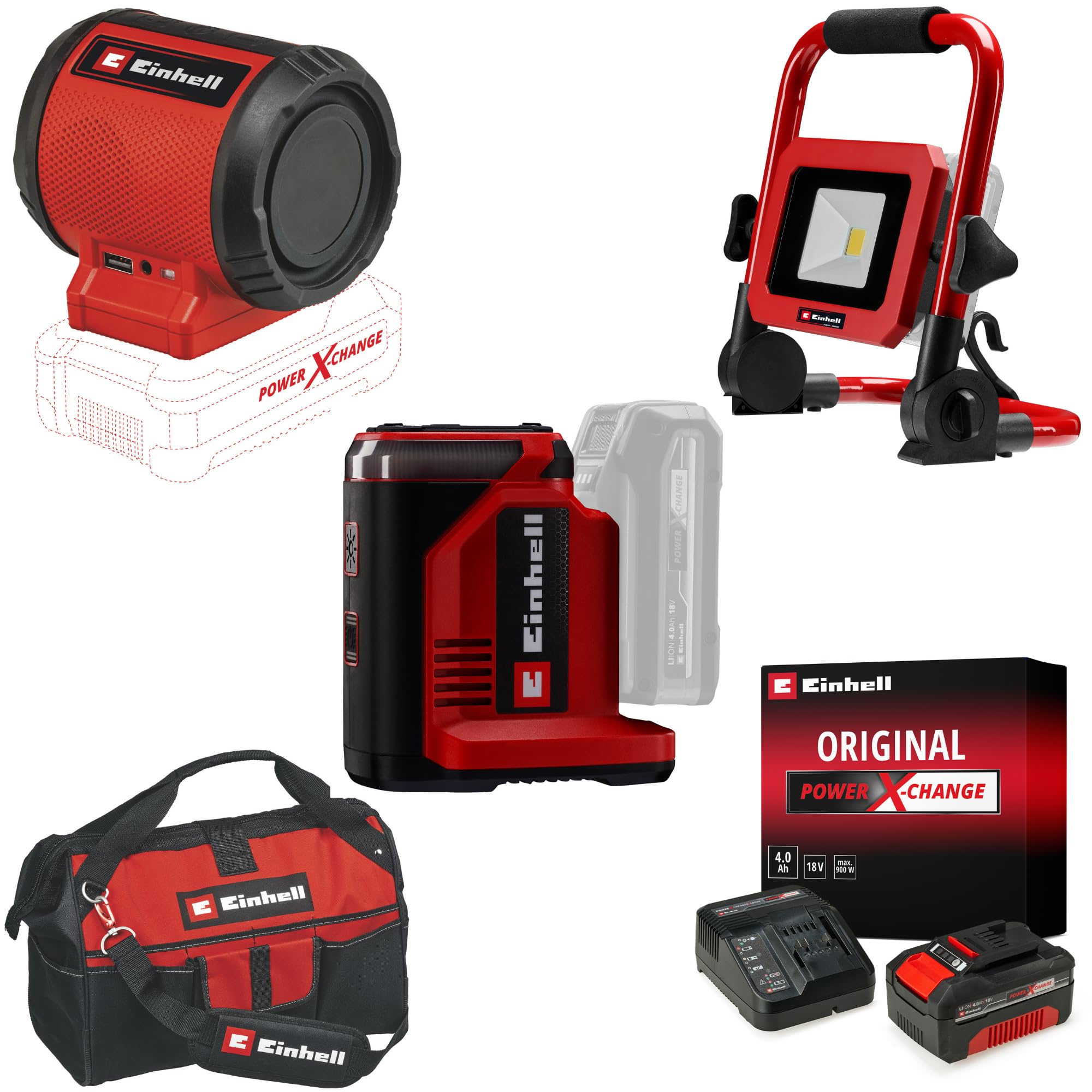 Einhell TE-ES 18/150/1 Li-C + TC-CL 18/1800 Li + TC-SR 18 Li BT Akülü Enerji İstasyonu, Projektör ve Hoparlör Seti (4,0 Ah Akü ve Şarj Cihazı, Çanta Dahildir)