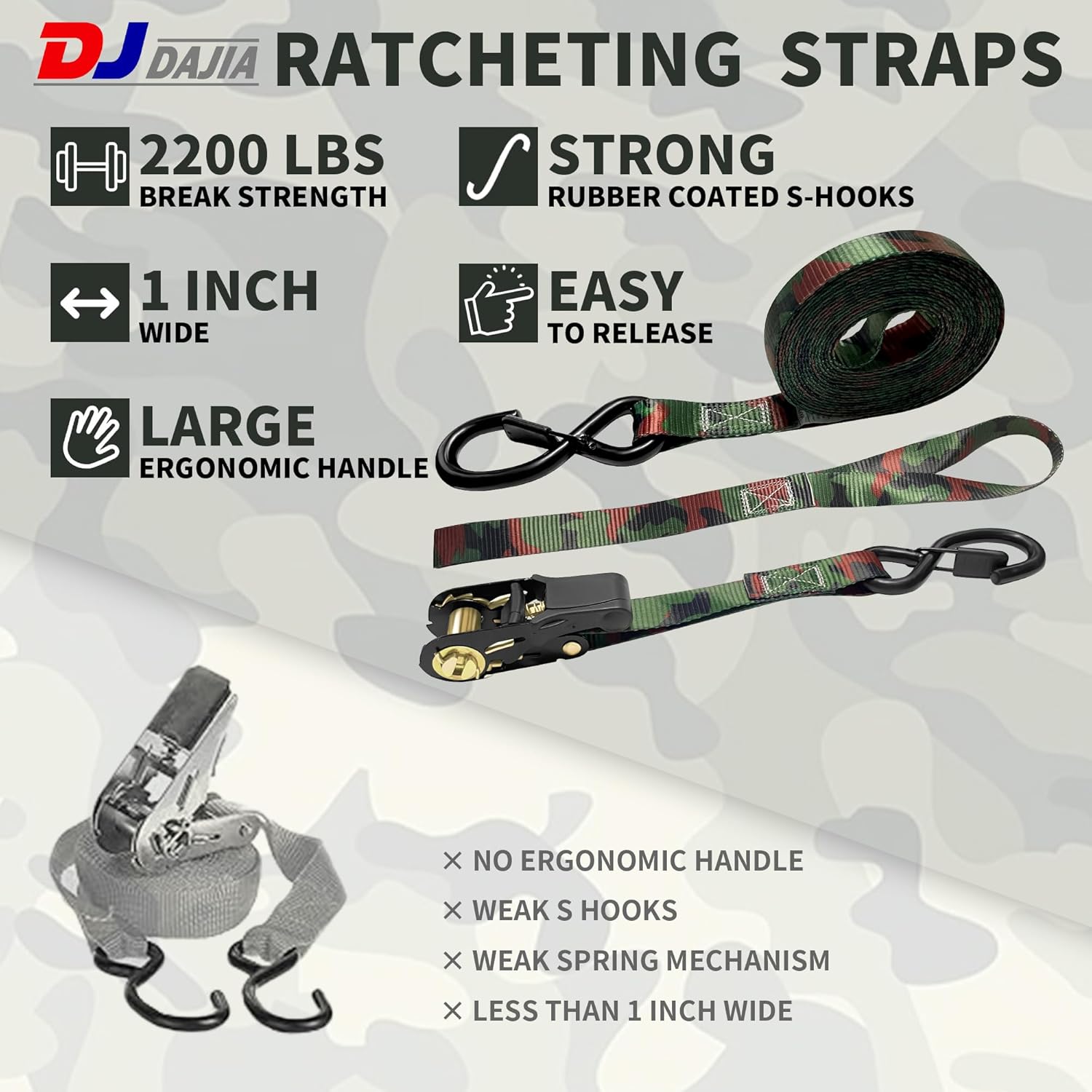 Ratchet Straps 4 PK,2200LB Break Strength Tie Down Straps,1" X 15FT Cargo Ratchet Straps Heavy Duty with Coated Metal Hooks UTV Accessories for Motorcycle, Trucks-Camouflage
