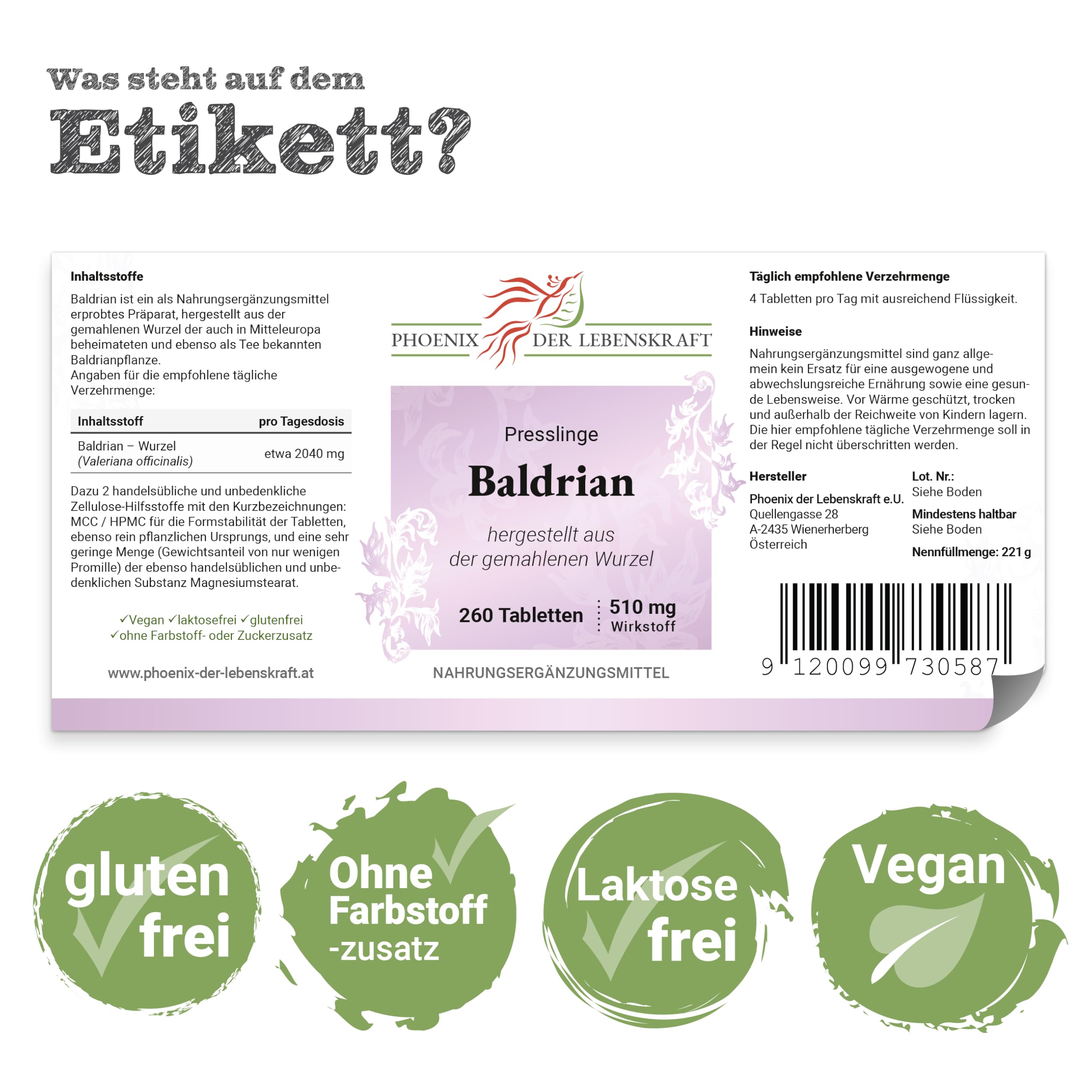 Baldrian Tabletten 510 mg | 260 Tabletten Valeriana officinalis | Hergestellt in Österreich | Tabletten statt Kapseln | gemahlene Baldrianwurzel, Katzenkraut | tägliche Routine