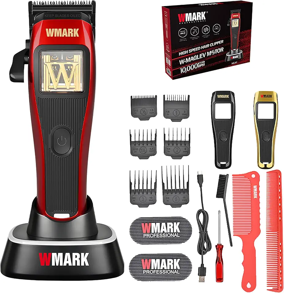 WMARK Cortador de cabelo profissional durável sem fio para barbeiros, estilistas e homens - Motor Maglev de 10.000 RPM, lâmina desbotada com abertura zero revestida com DLC, 3 tampas modulares NG-X1