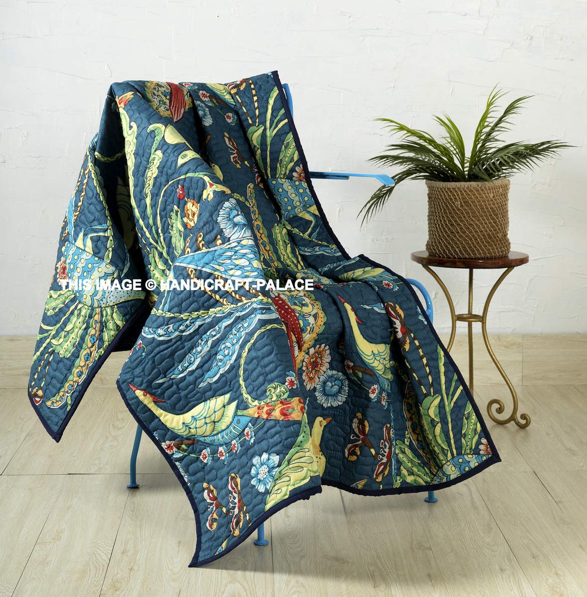 Ravaiyaa - Attitude is everything Traditional Handmade Kantha Quilt Throw Soft Cotton Bedding Bedspread Blanket Bird Print Throws 70"x50" Inch (Blue)-image-0