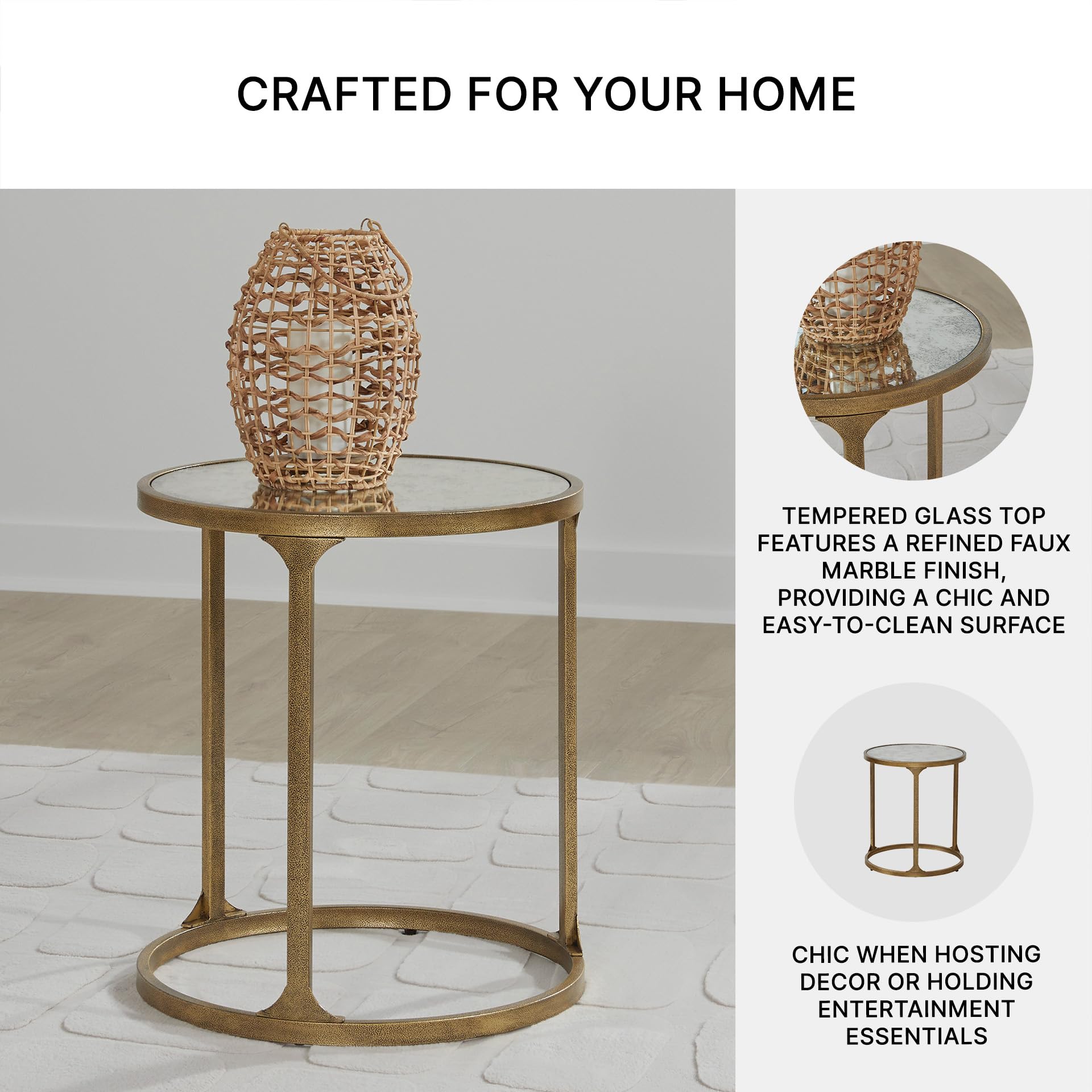 Signature Design by Ashley Korajane Round End Table, Gold, 20 Inch | 20x20x23 in round end table, 21.63 in under table space, Faux marble tempered glass top, Antique gold metal frame
